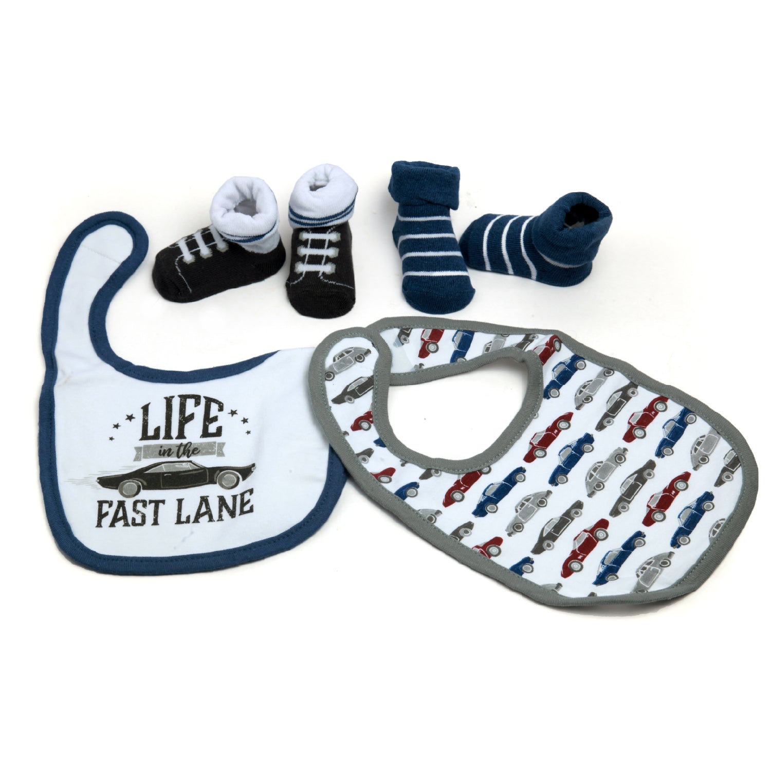 Driving In The Fast Lane Blue And White Set Of 3 Bibs And 2 Socks - Baby Moo