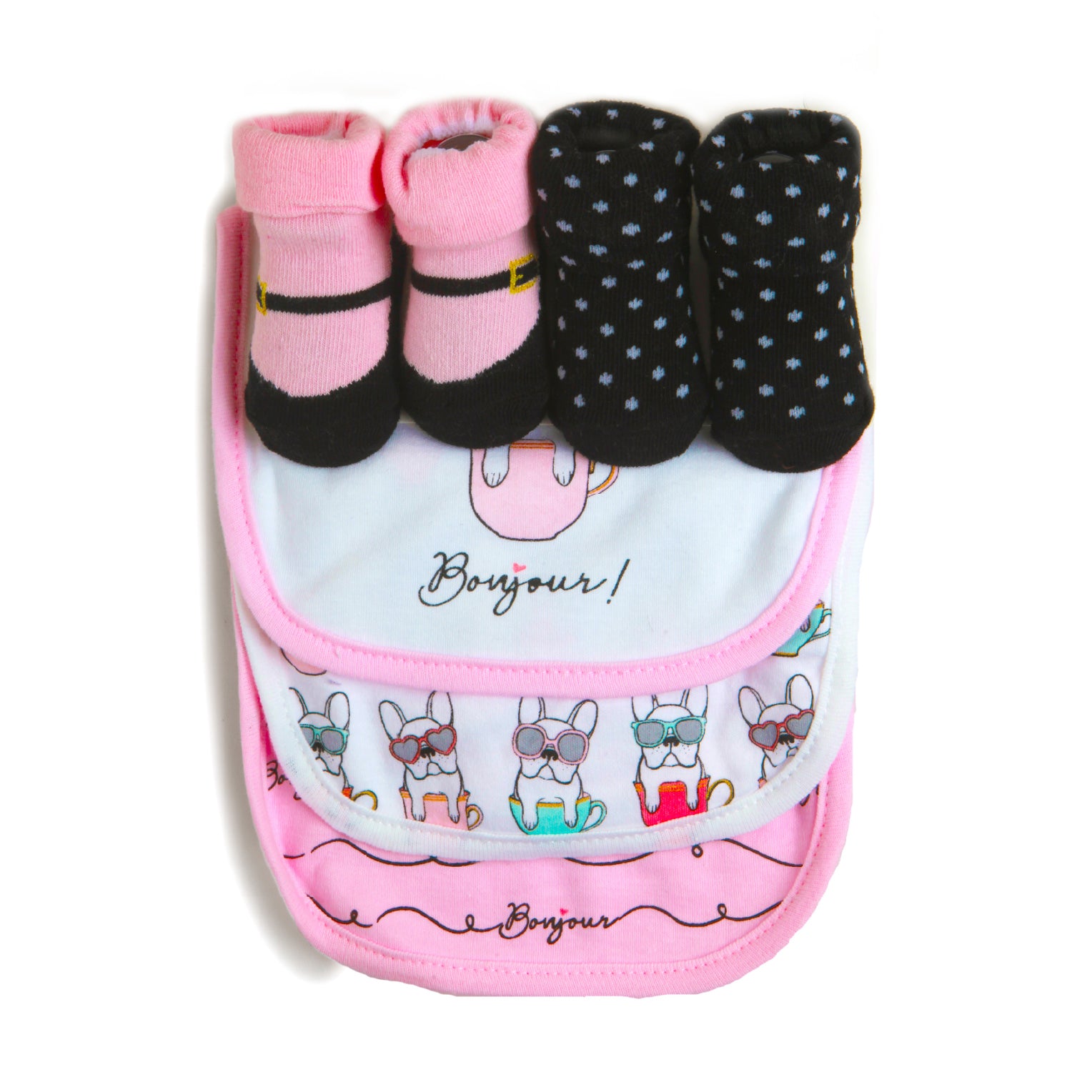 Dreaming Of Paris Pink And Black Set Of 3 Bibs And 2 Socks - Baby Moo