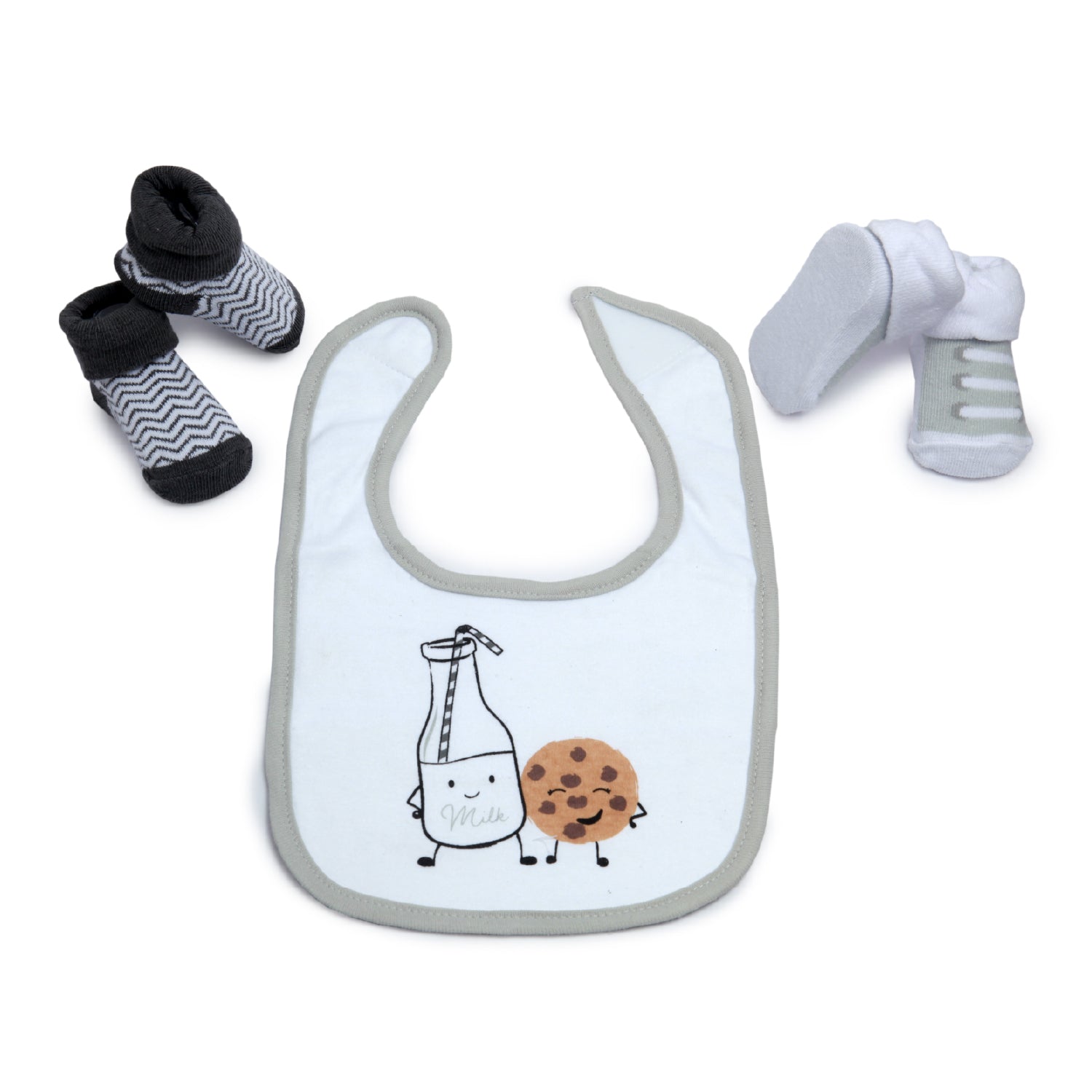Cookies And Milk Grey And White Set Of 3 Bibs And 2 Socks - Baby Moo