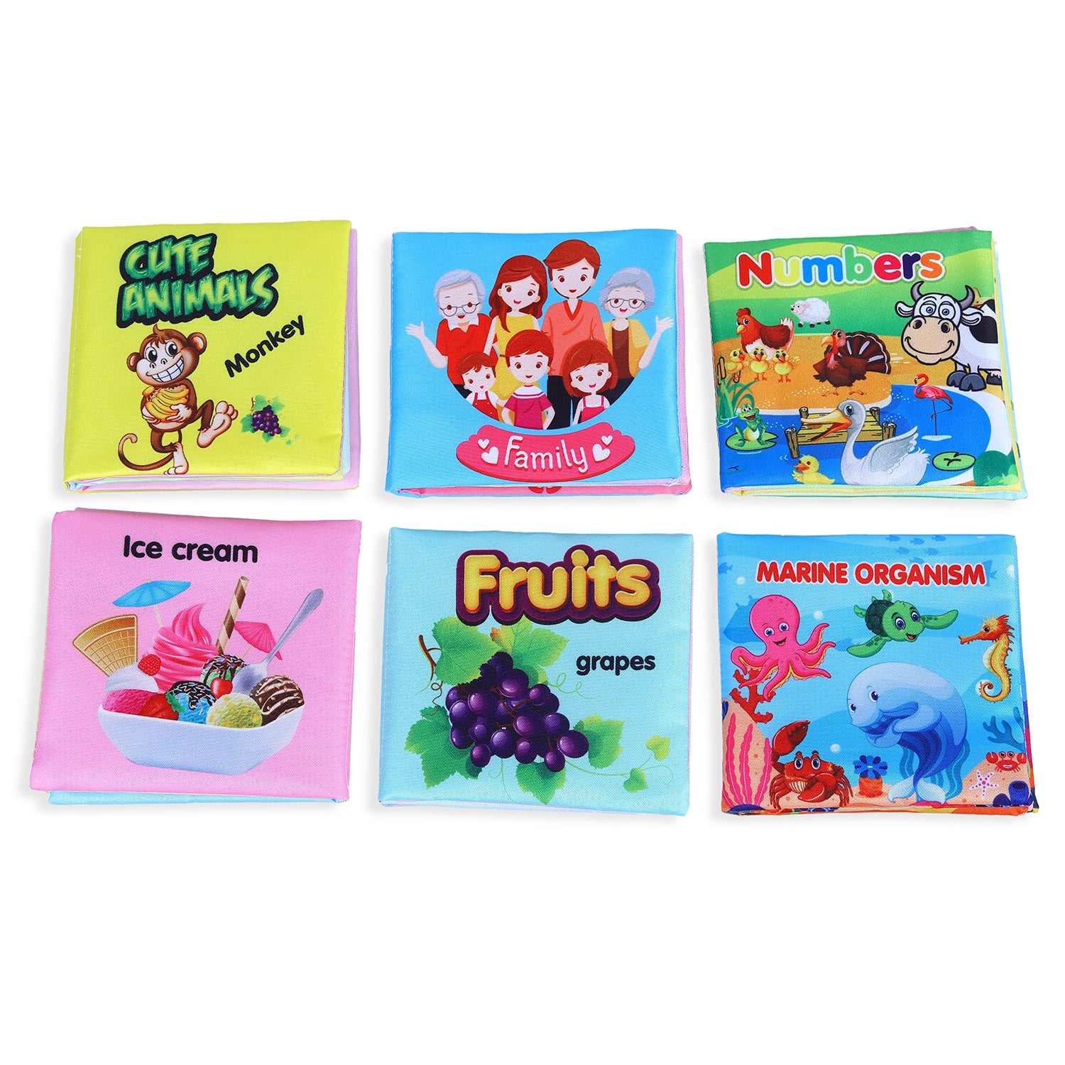 Family, Animals, Food, Fruits, Numbers Educational Cloth Book With Sound Paper Set of 6 - Multicolour - Baby Moo