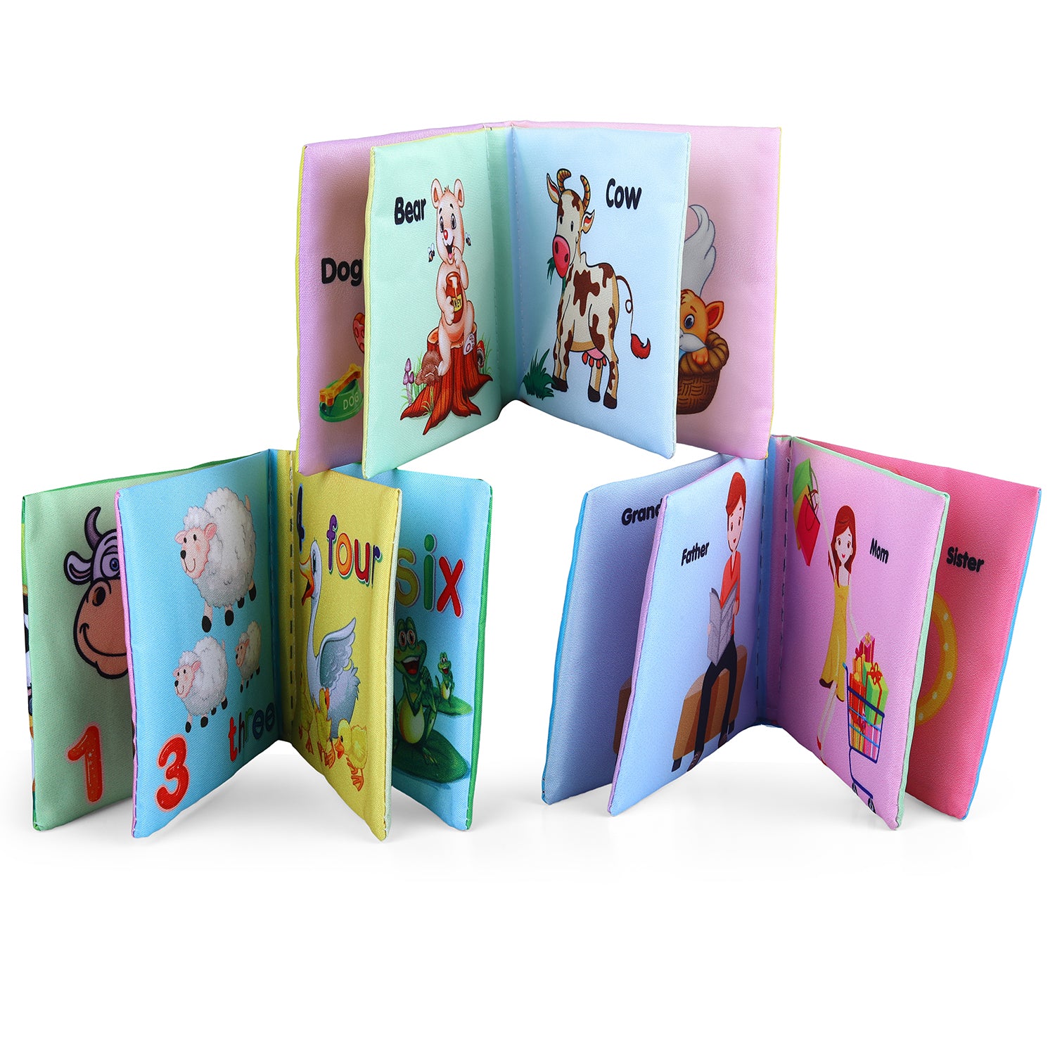 Family, Animals, Food, Fruits, Numbers Educational Cloth Book With Sound Paper Set of 6 - Multicolour - Baby Moo