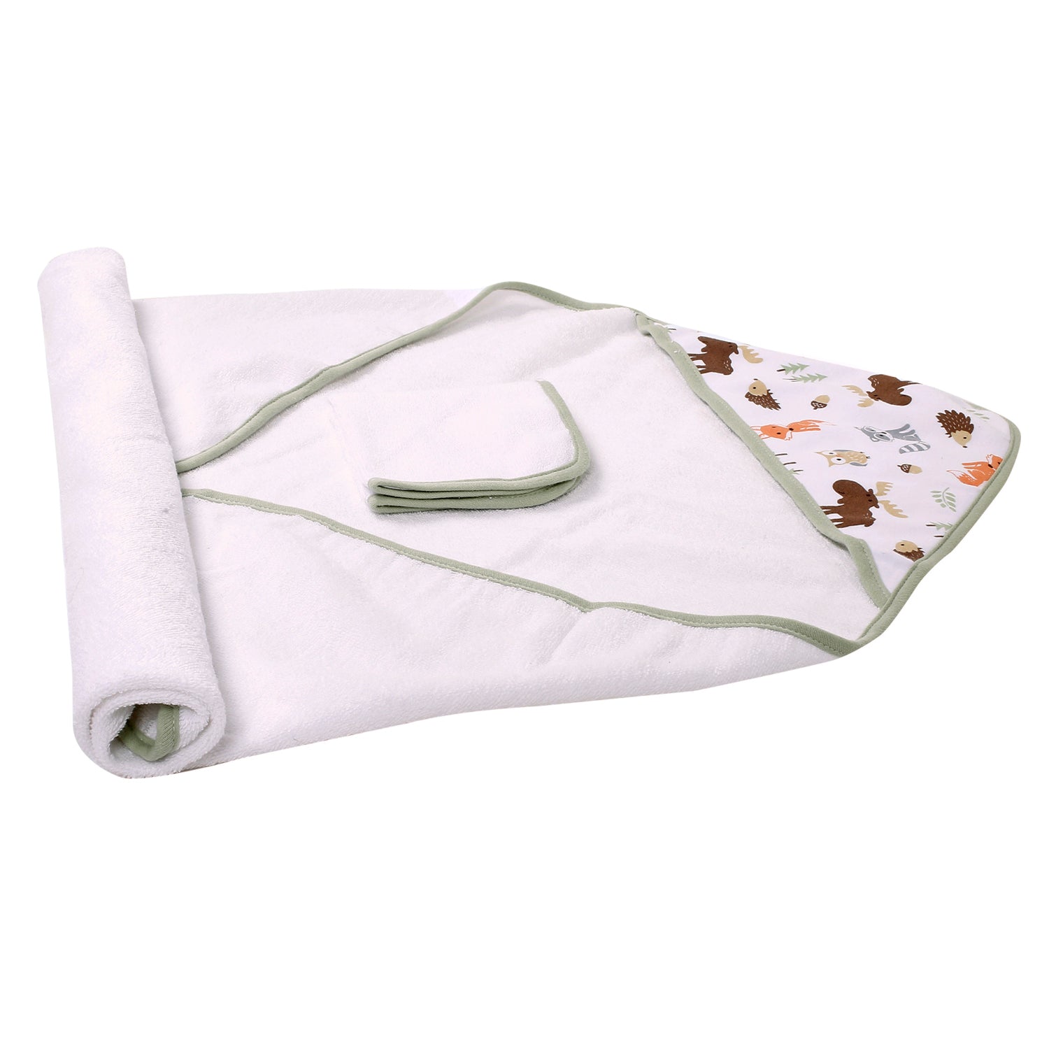 Exotic Animals Green Hooded Towel & Wash Cloth Set - Baby Moo