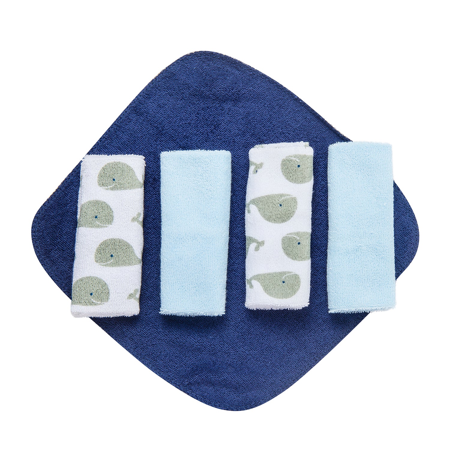 Hooded Towel And 5 Wash Cloth Gift Set Whales Blue - Baby Moo