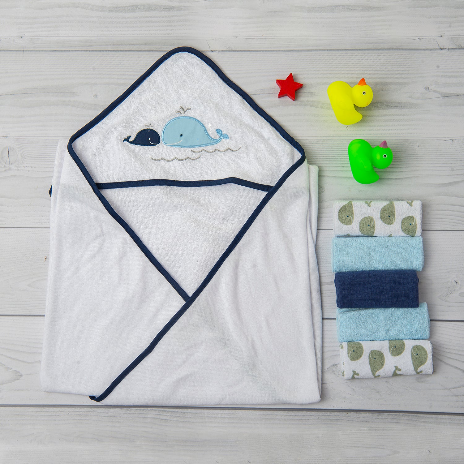 Hooded Towel And 5 Wash Cloth Gift Set Whales Blue - Baby Moo