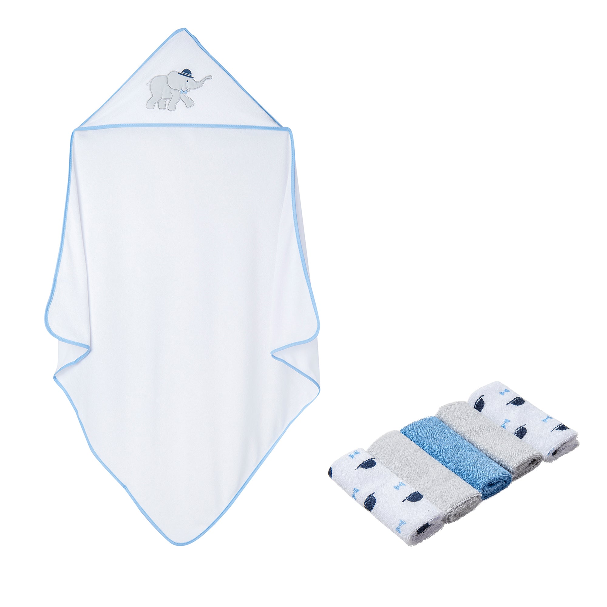 Hooded Towel And 5 Wash Cloth Gift Set Circus Elephant Blue - Baby Moo