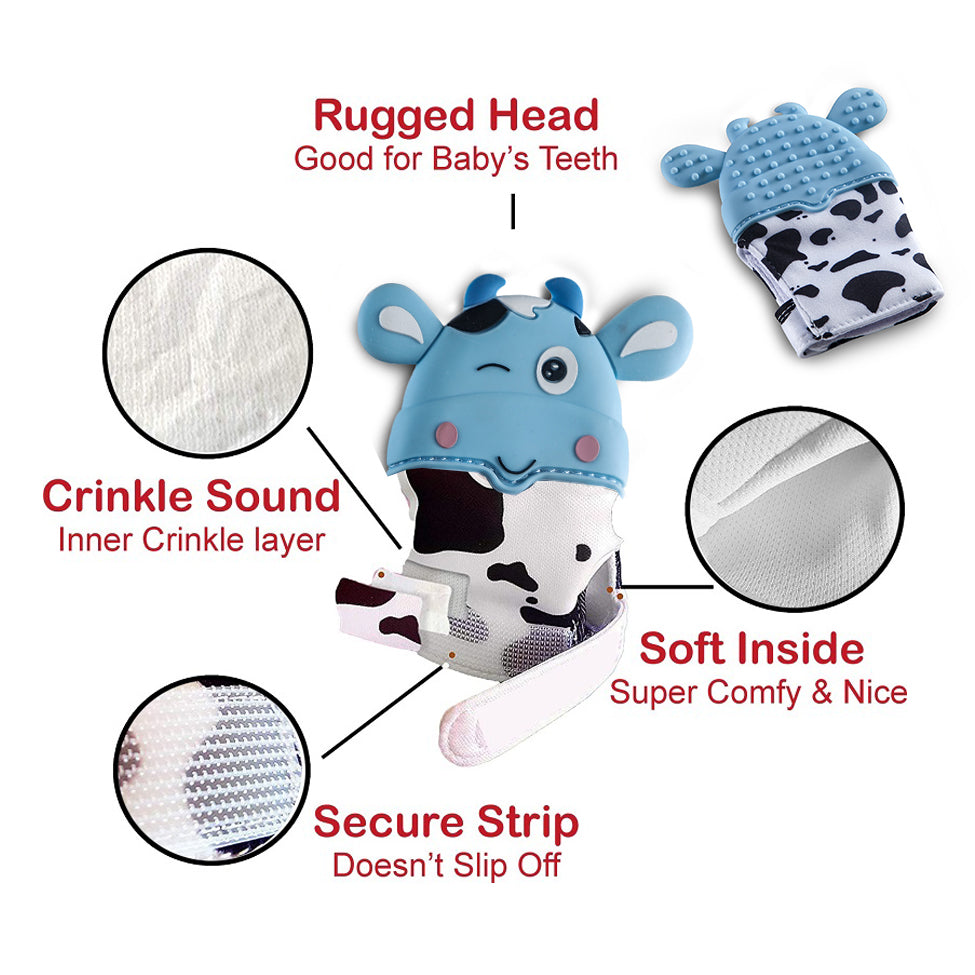 Teething Mitten Silicone Self Soothing Glove 1 Pc Cow Shape - Blue - Baby Moo