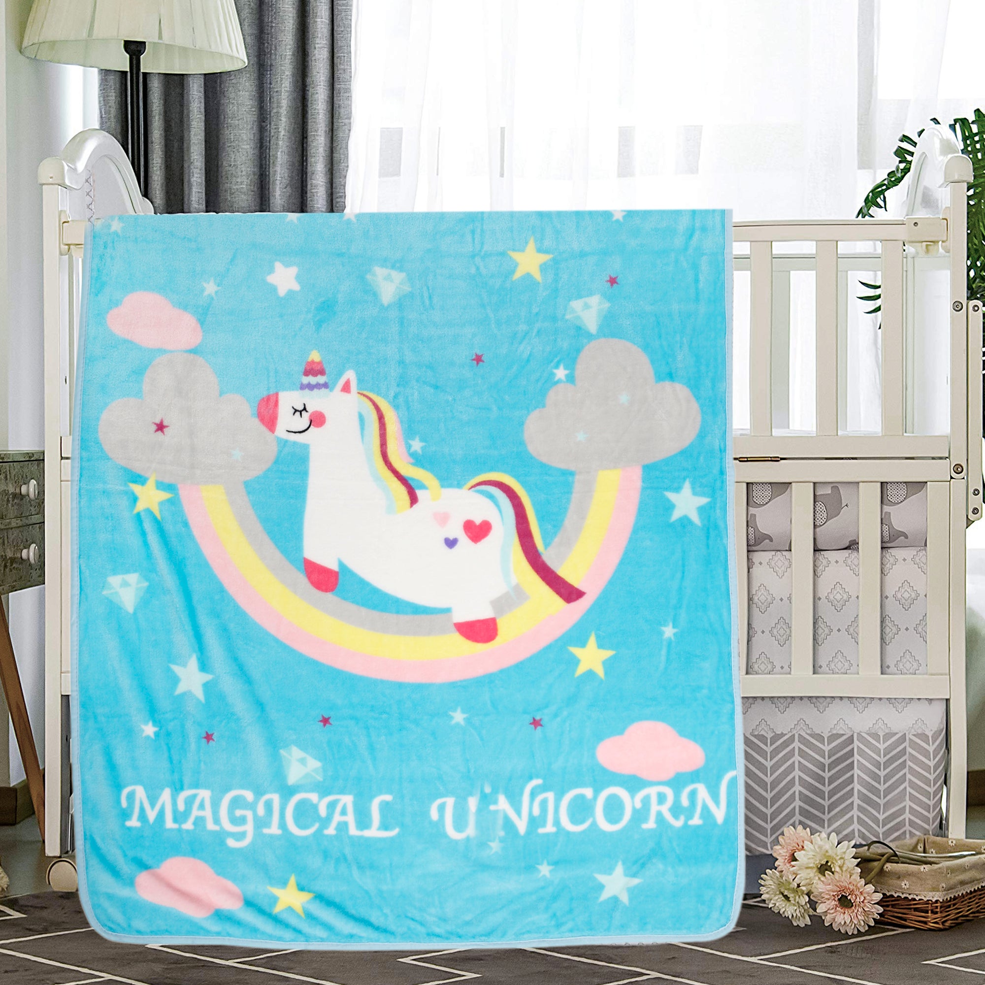 Magical Unicorn Blue One Ply Blanket - Baby Moo