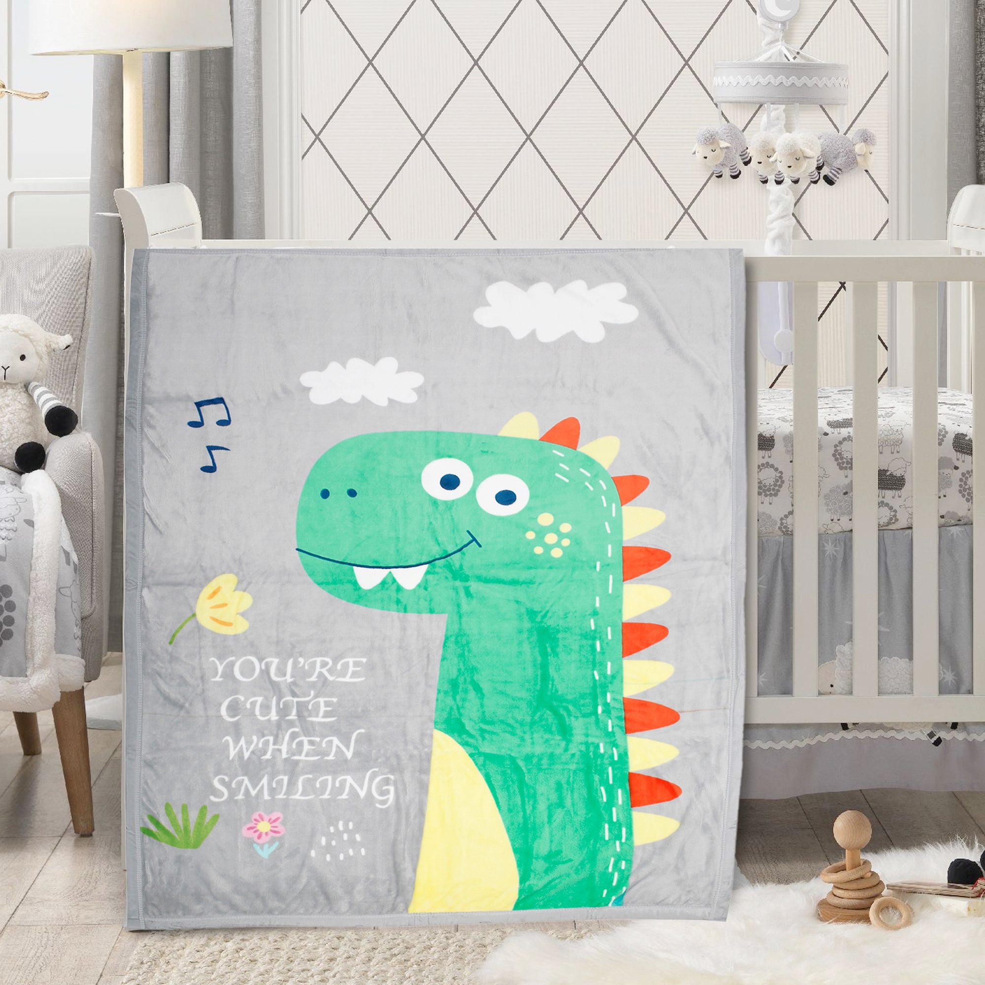 Cute Dino Grey Two-Ply Blanket - Baby Moo