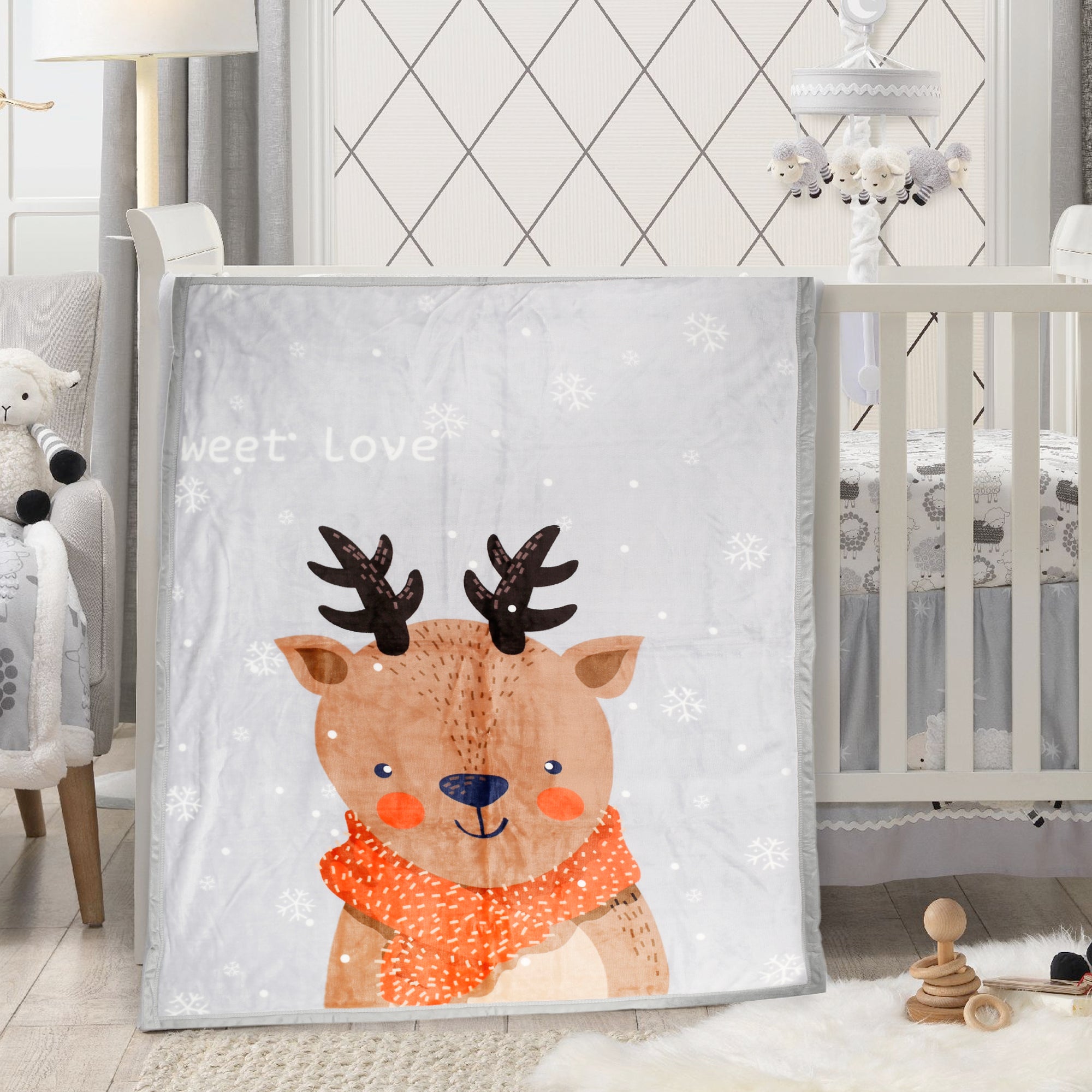 Snowy Reindeer Grey Two-Ply Blanket - Baby Moo