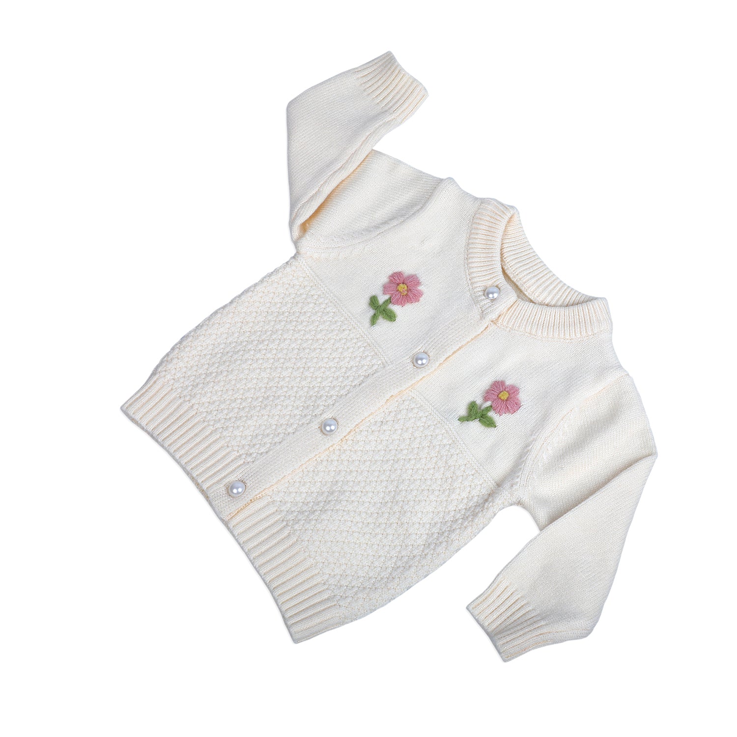 Floral Embroidery Premium Full Sleeves Knitted Sweater - Off White - Baby Moo