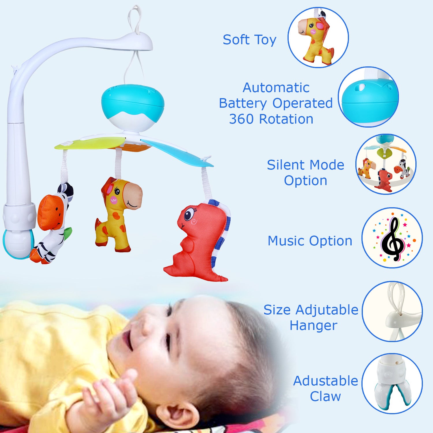 Soft Animals Premium Electric Musical Bed Cot Mobile With Hanging Rattles - Blue - Baby Moo