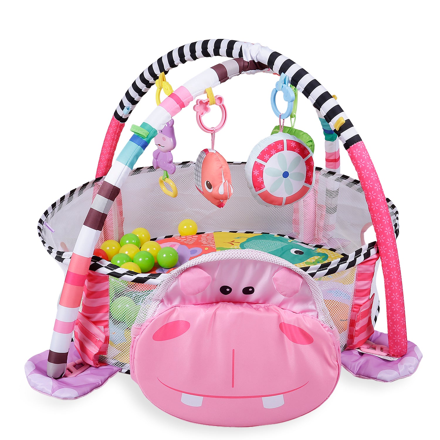 Hippo Infant Play Mat Activity Gym With Hanging Toys And Balls - Pink - Baby Moo
