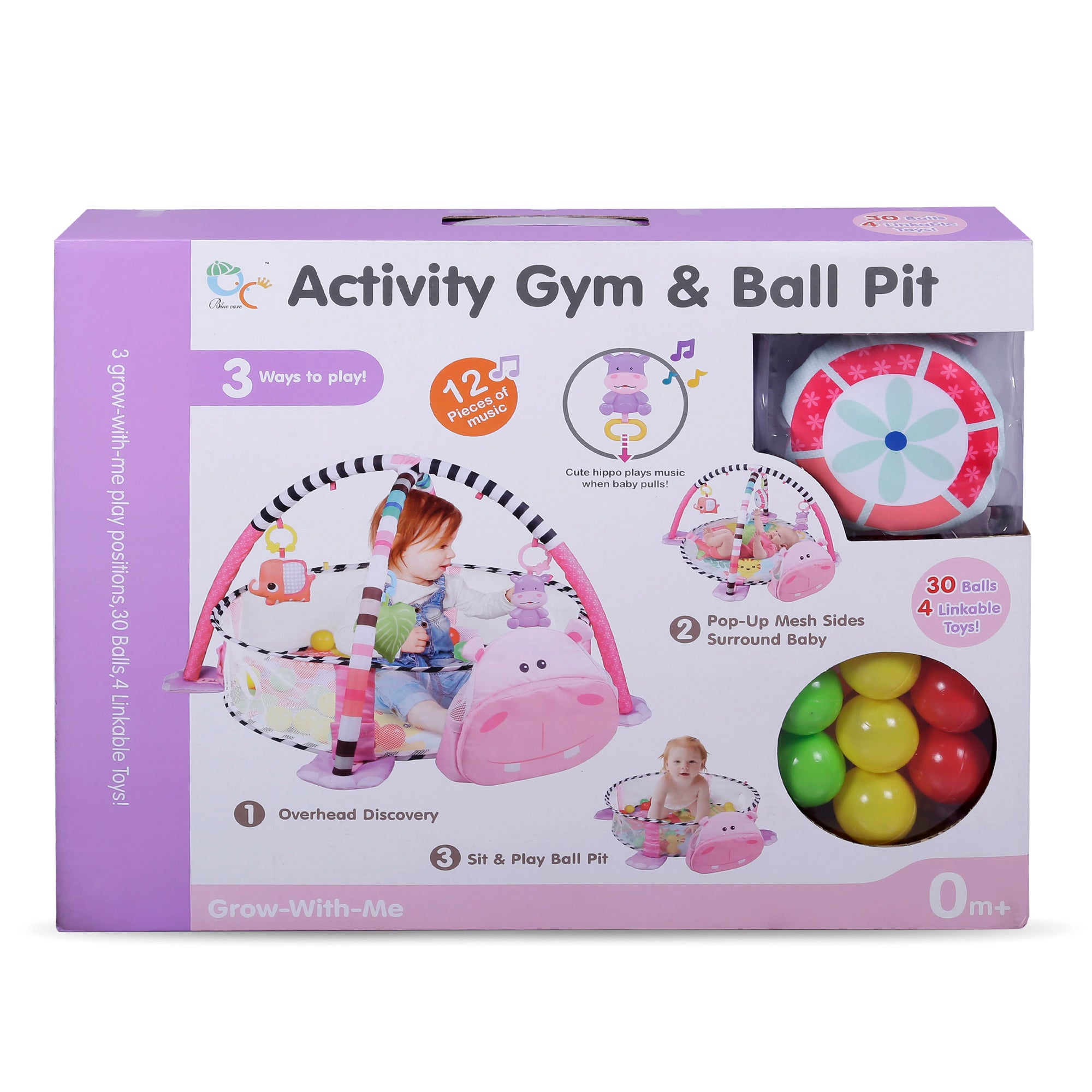 Hippo Infant Play Mat Activity Gym With Hanging Toys And Balls - Pink - Baby Moo