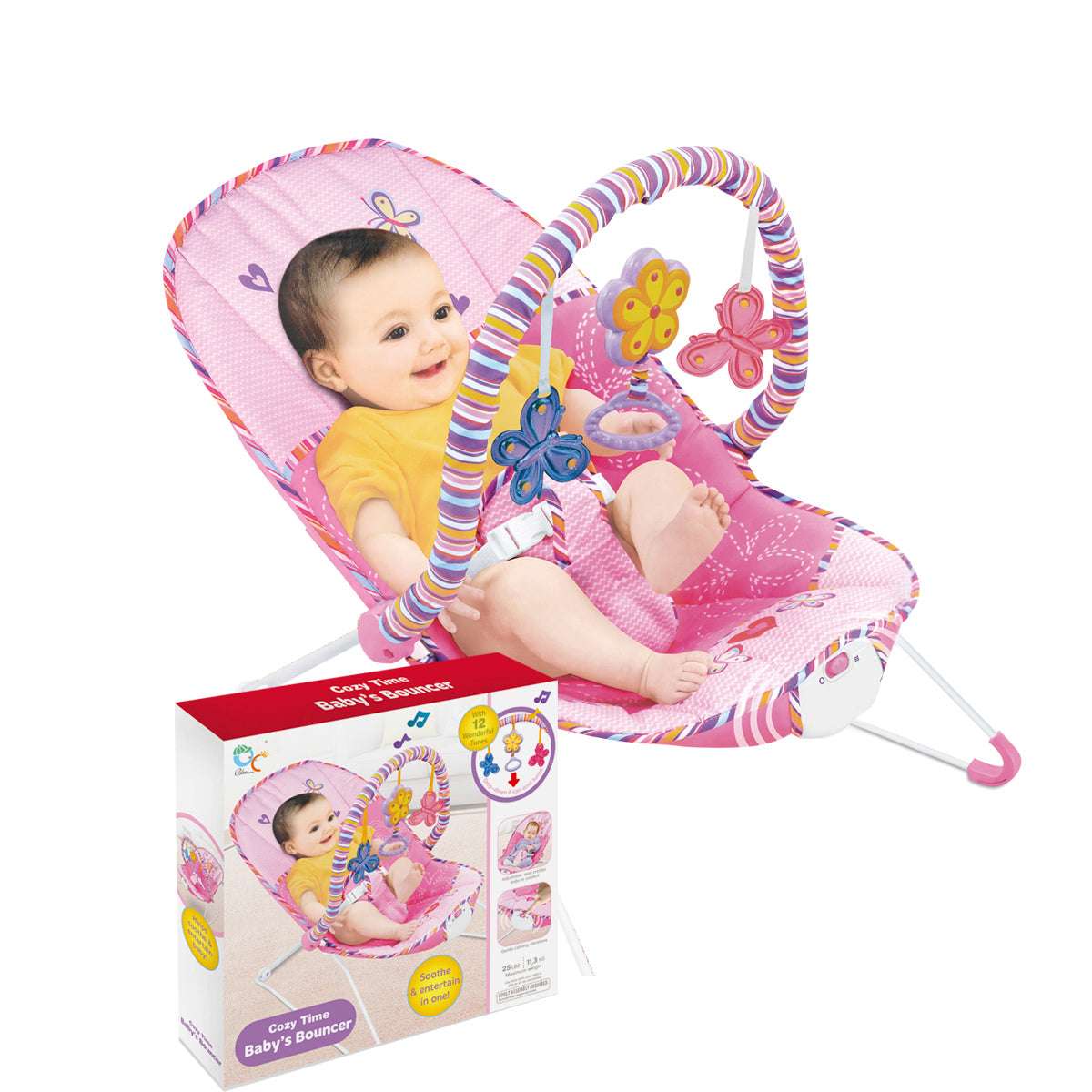 Jungle Friends Soothing Vibrations Bouncer Rocker With Musical Hanging Toys - Pink - Baby Moo