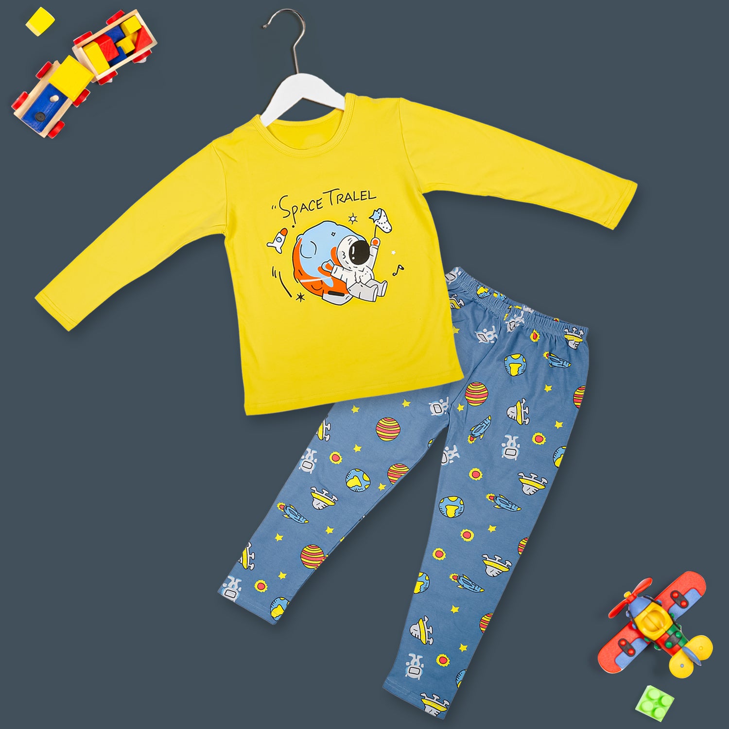 Night Suit Cotton Tshirt And Pyjama Space Travel Yellow