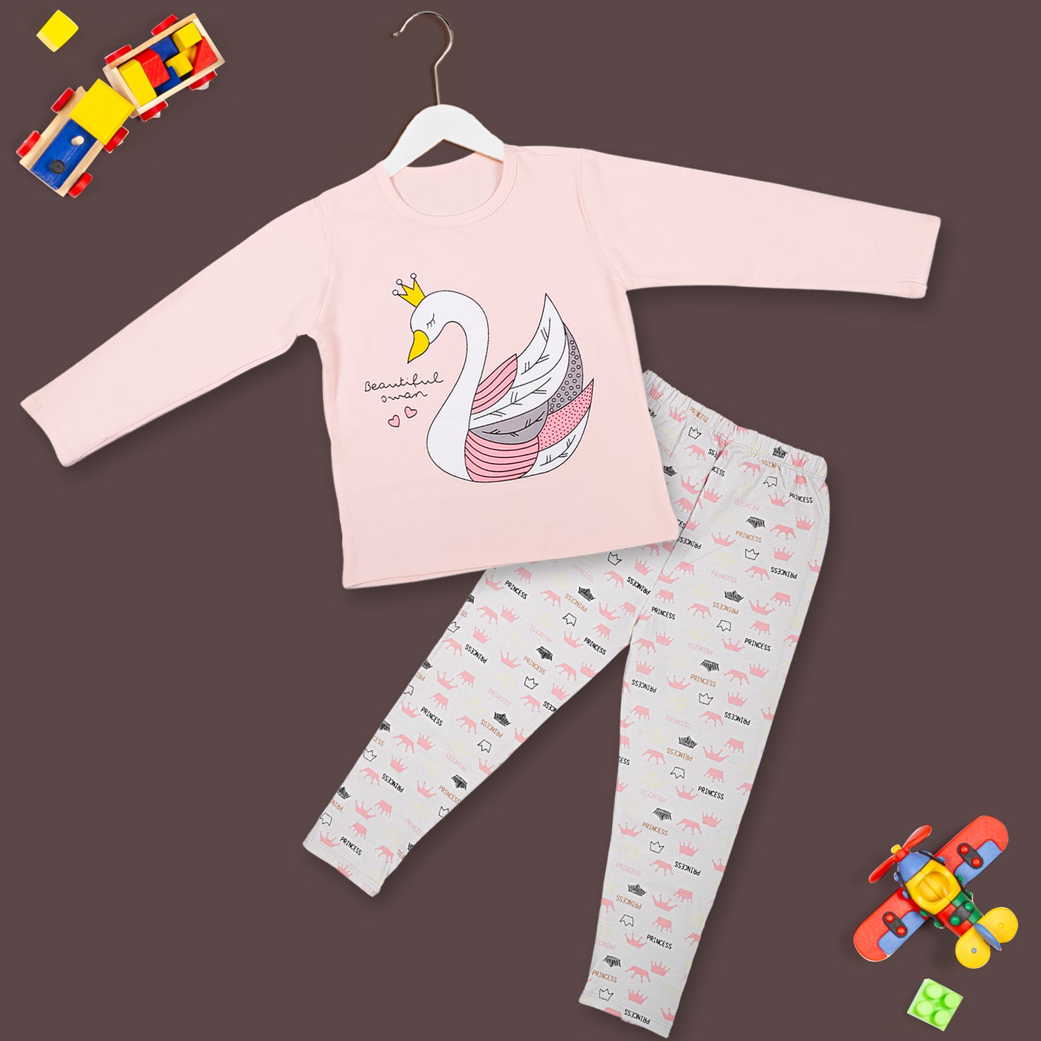 Night Suit Cotton Tshirt And Pyjama Princess Swan Pink