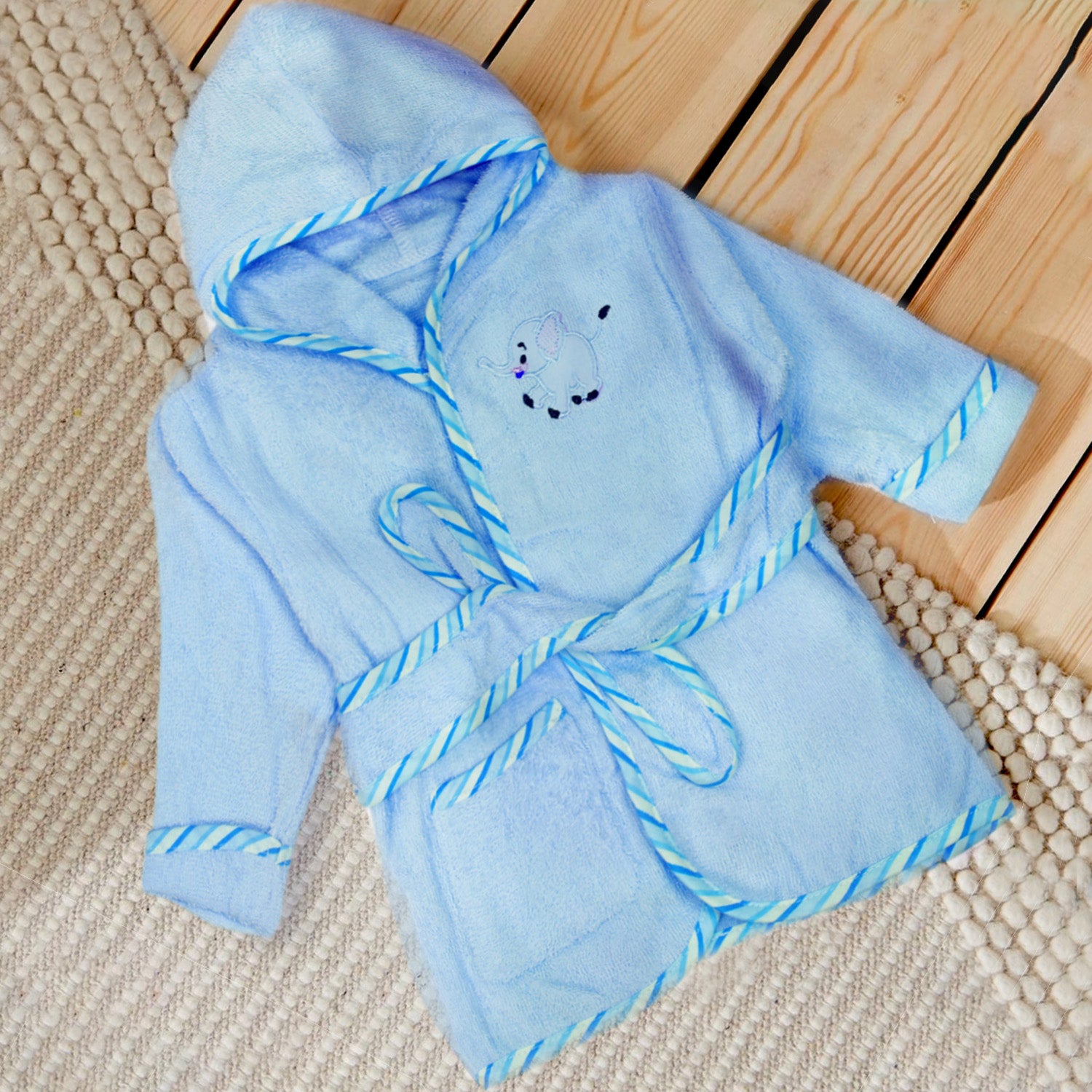Baby Moo Playing Elephant Embroidered Half Sleeves Bathrobe - Blue - Baby Moo