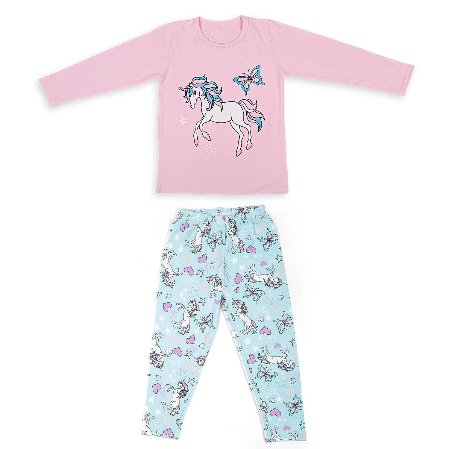Night Suit Cotton Tshirt Pyjama Unicorn And Butterfly Pink
