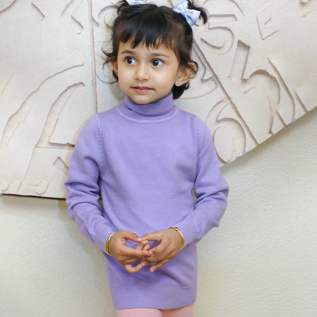 Basic Polo Neck Ribbed Premium Full Sleeves Knitted Kids Sweater - Purple