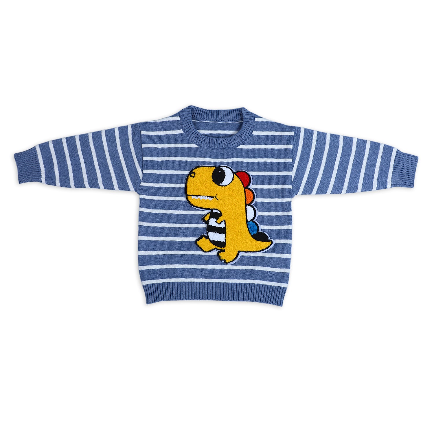 Dashing Dino Striped Premium Full Sleeves Knitted Sweater - Blue - Baby Moo