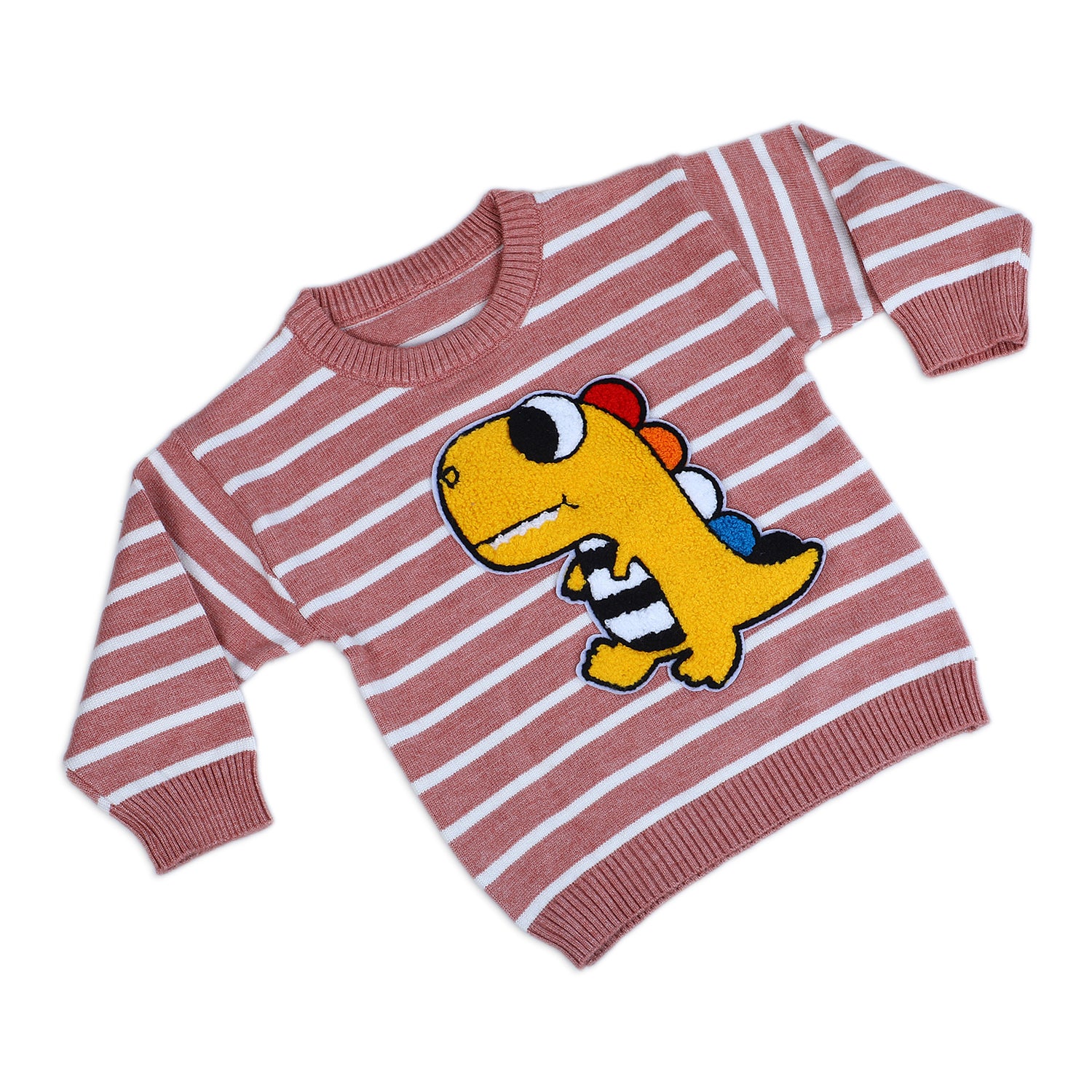 Dashing Dino Striped Premium Full Sleeves Knitted Sweater - Reddish Brown - Baby Moo