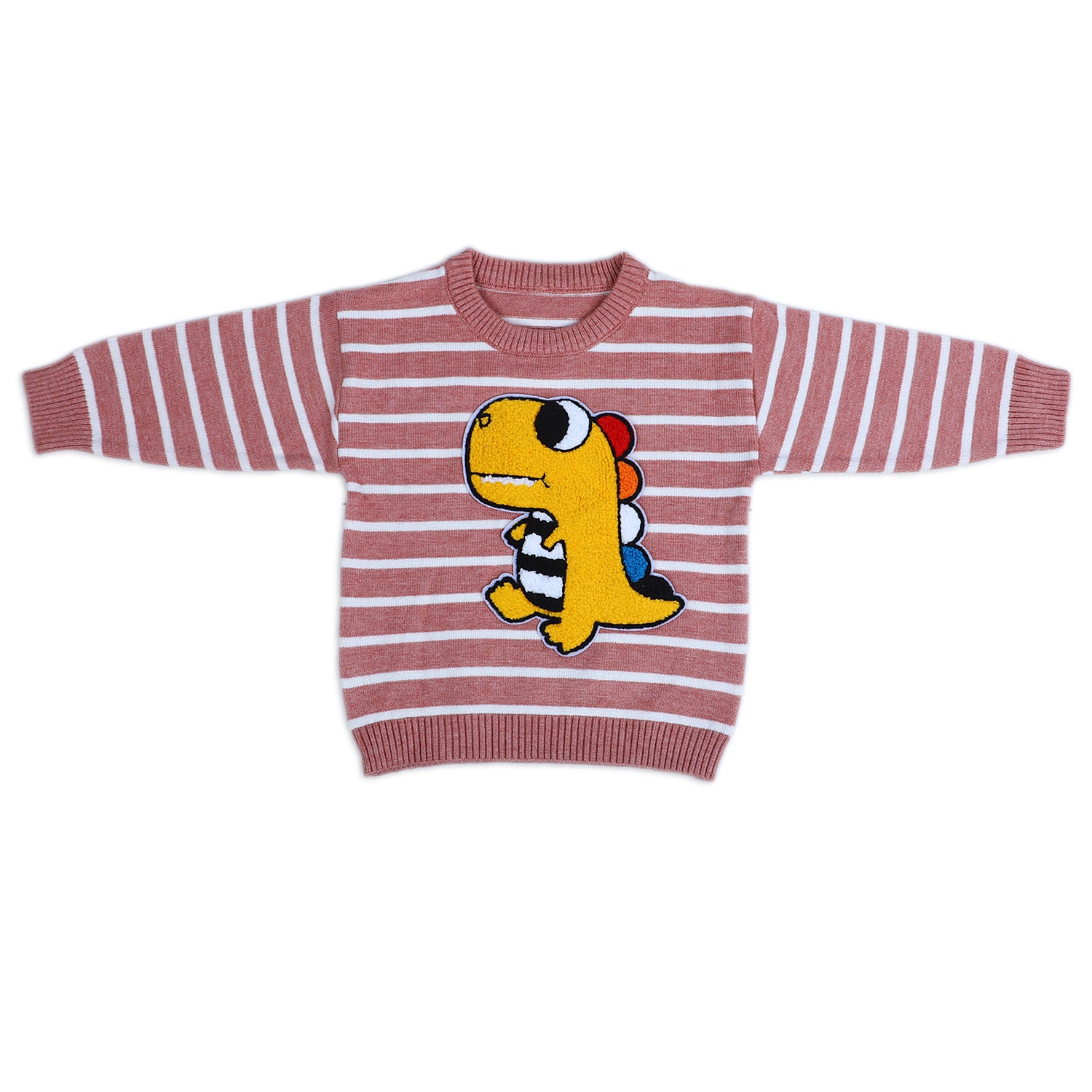 Dashing Dino Striped Premium Full Sleeves Knitted Sweater - Reddish Brown - Baby Moo