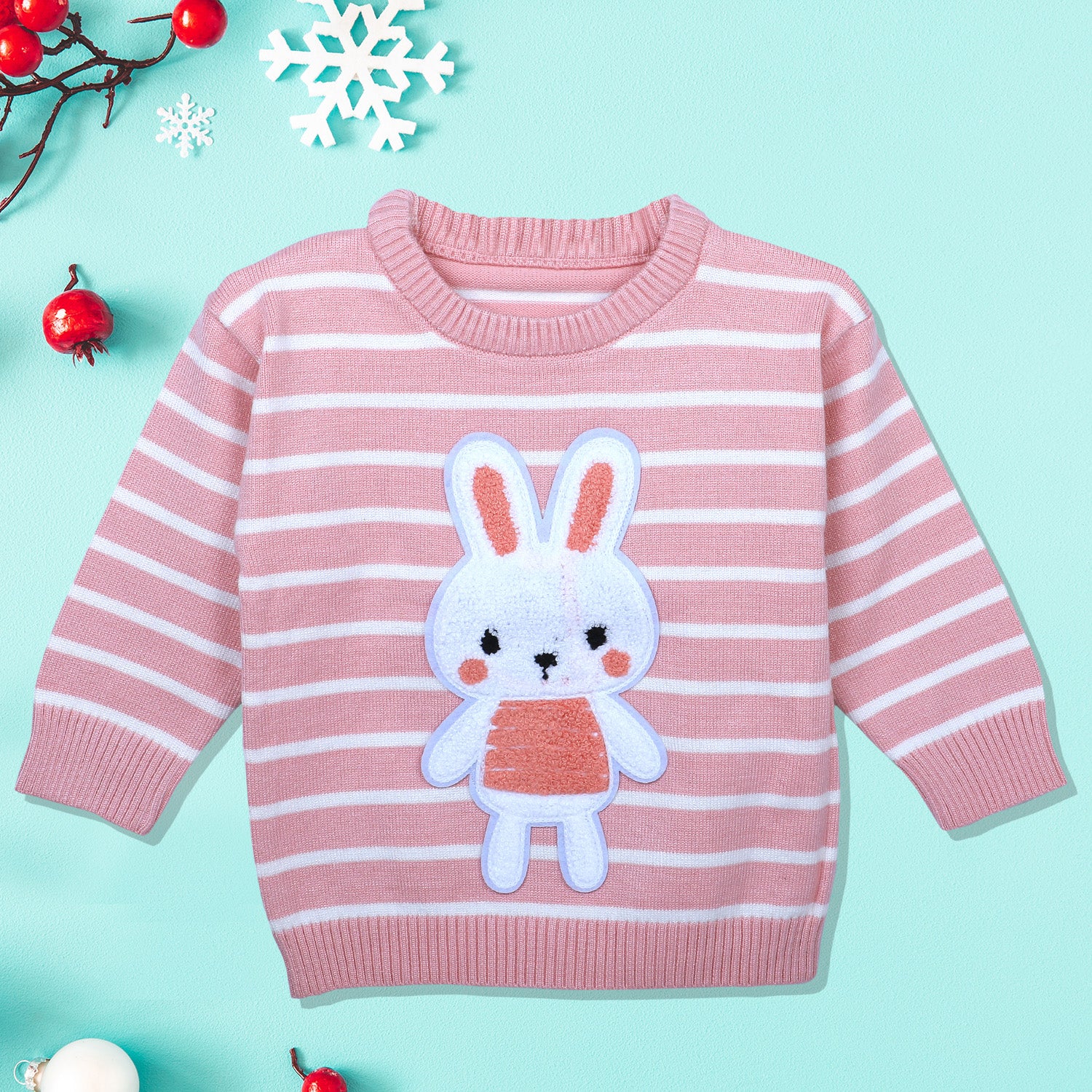 Hopping Rabbit Striped Premium Full Sleeves Knitted Sweater - Pink