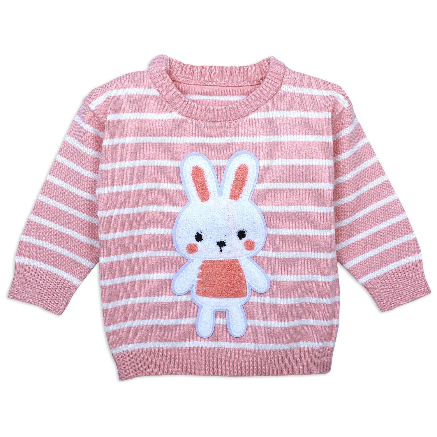 Hopping Rabbit Striped Premium Full Sleeves Knitted Sweater - Pink - Baby Moo