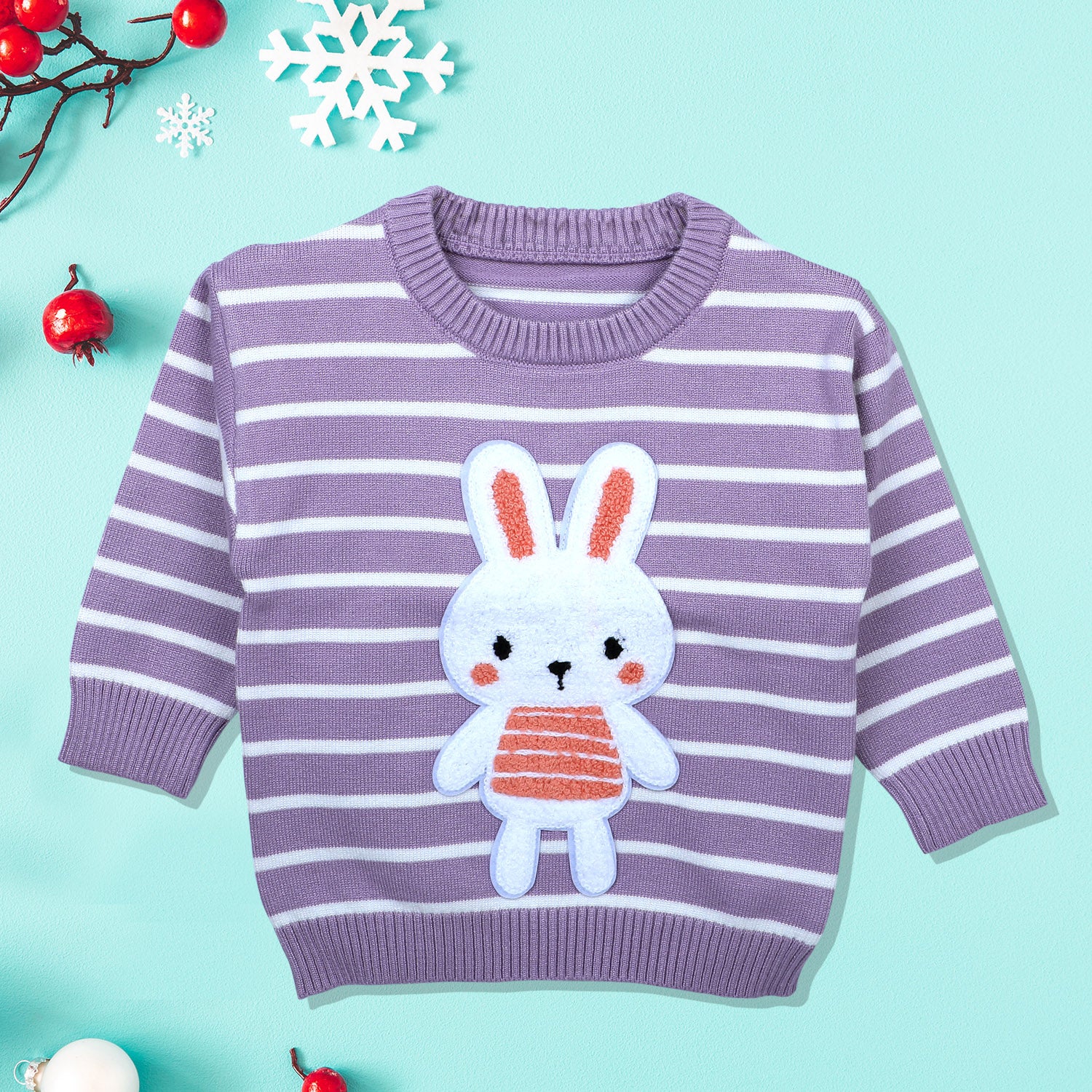 Hopping Rabbit Striped Premium Full Sleeves Knitted Sweater - Purple - Baby Moo