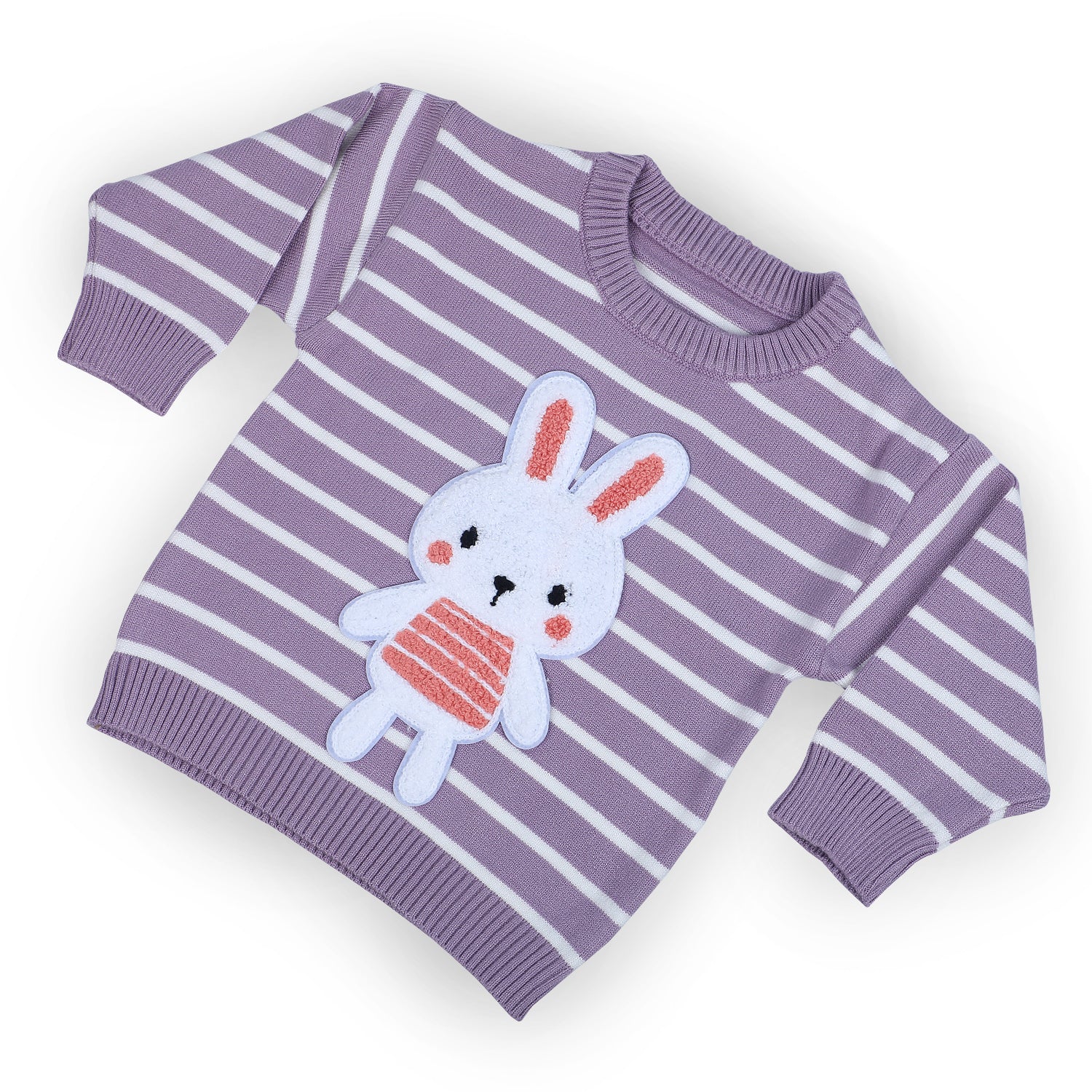 Hopping Rabbit Striped Premium Full Sleeves Knitted Sweater - Purple - Baby Moo
