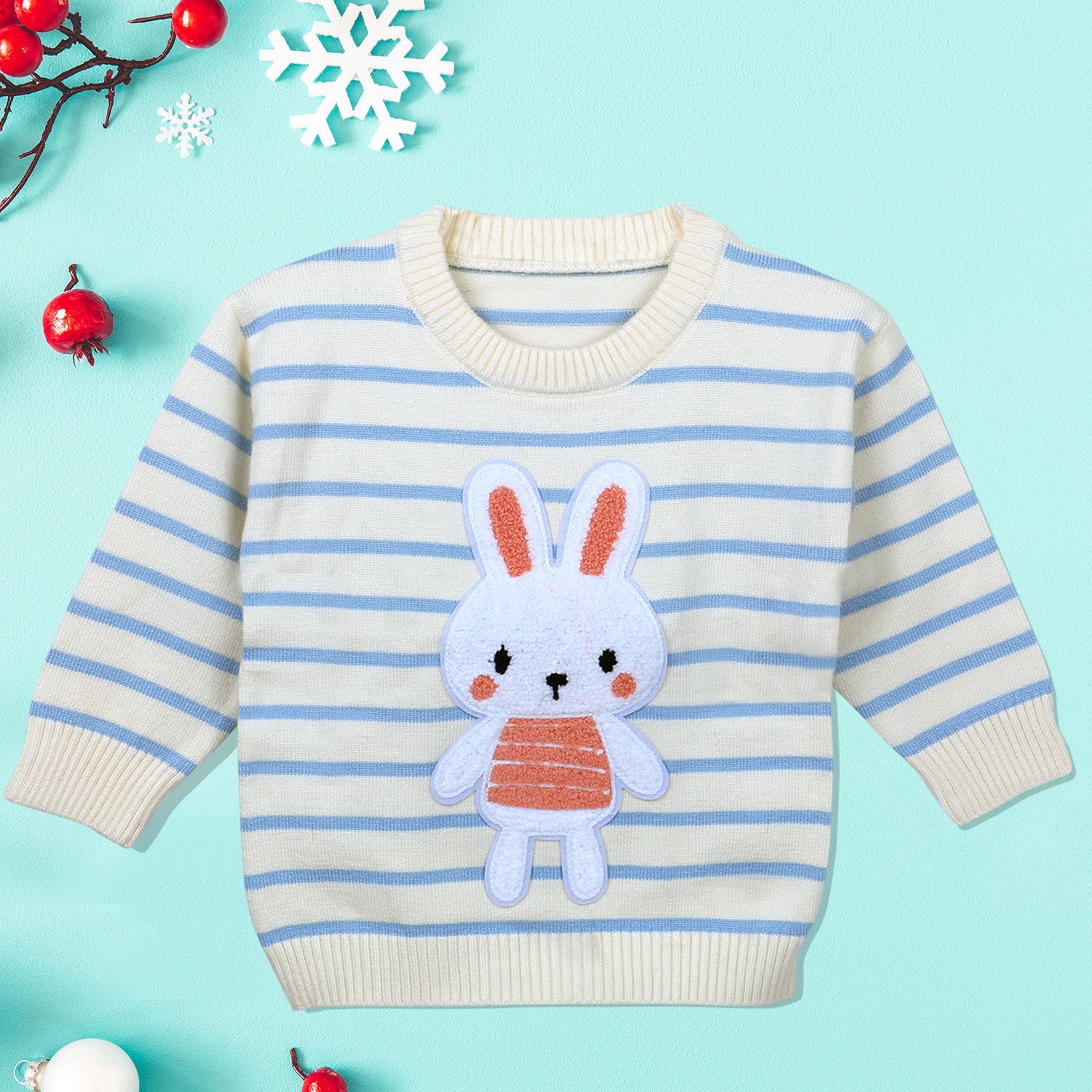 Hopping Rabbit Striped Premium Full Sleeves Knitted Sweater - Off White - Baby Moo