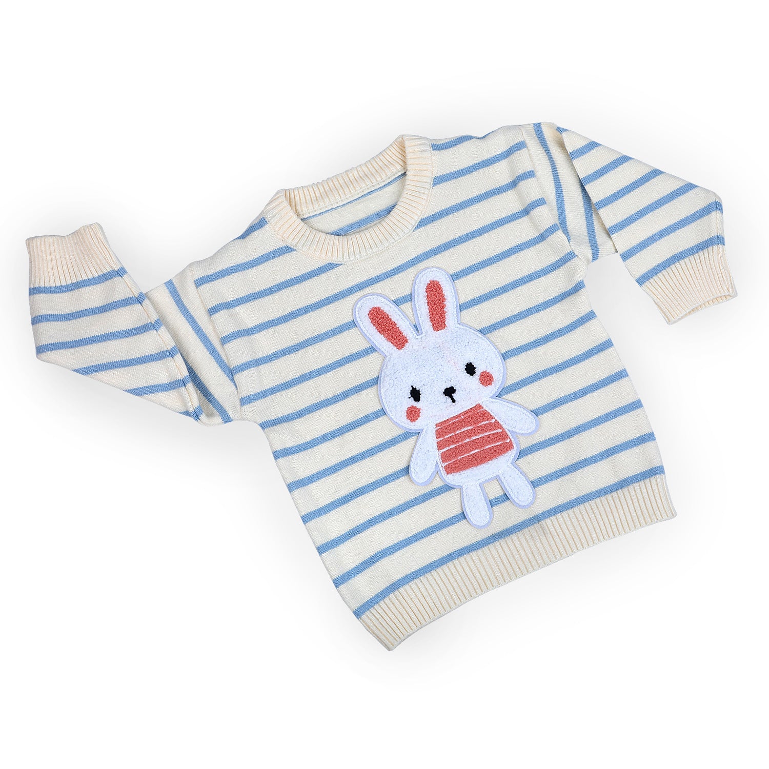 Hopping Rabbit Striped Premium Full Sleeves Knitted Sweater - Off White
