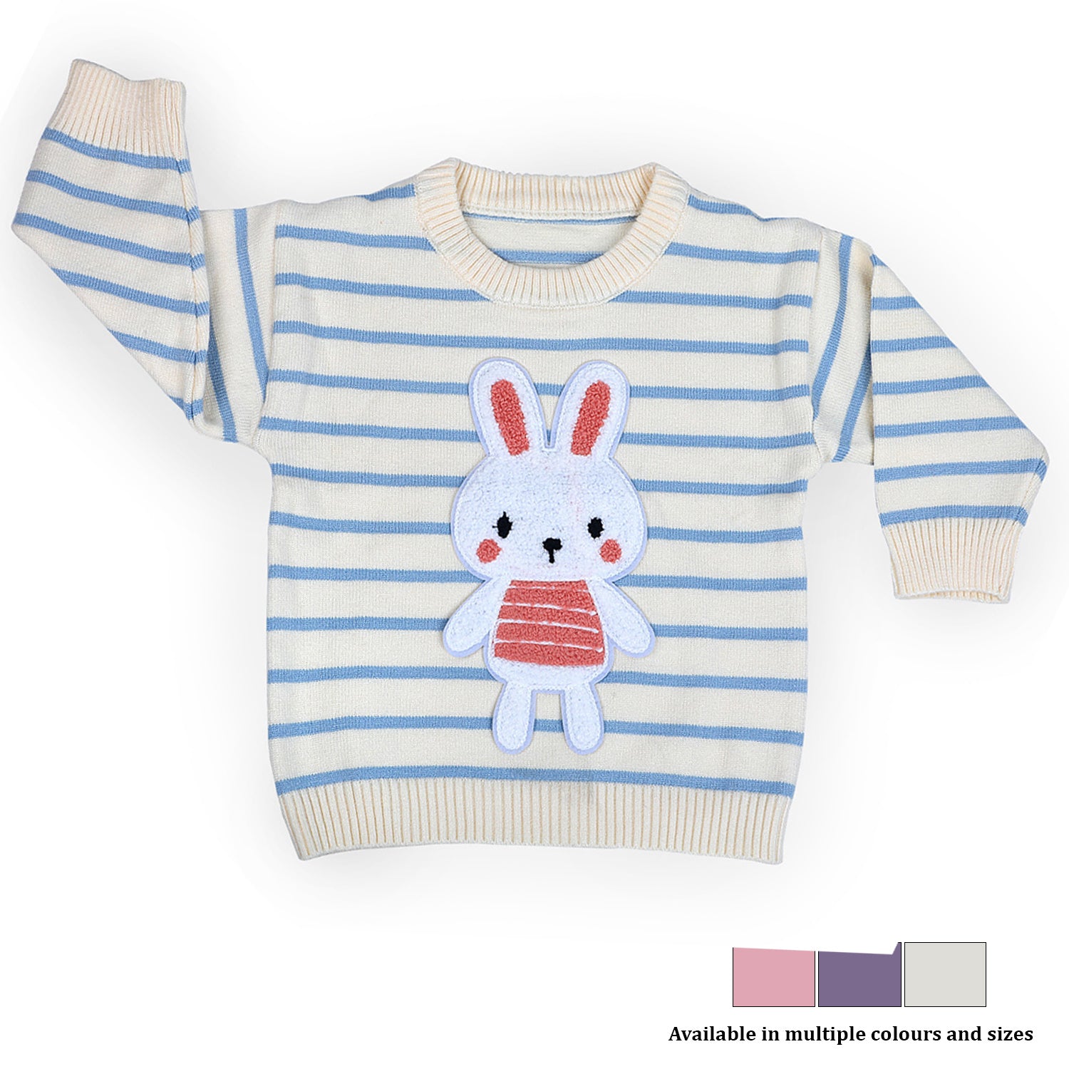 Hopping Rabbit Striped Premium Full Sleeves Knitted Sweater - Off White - Baby Moo
