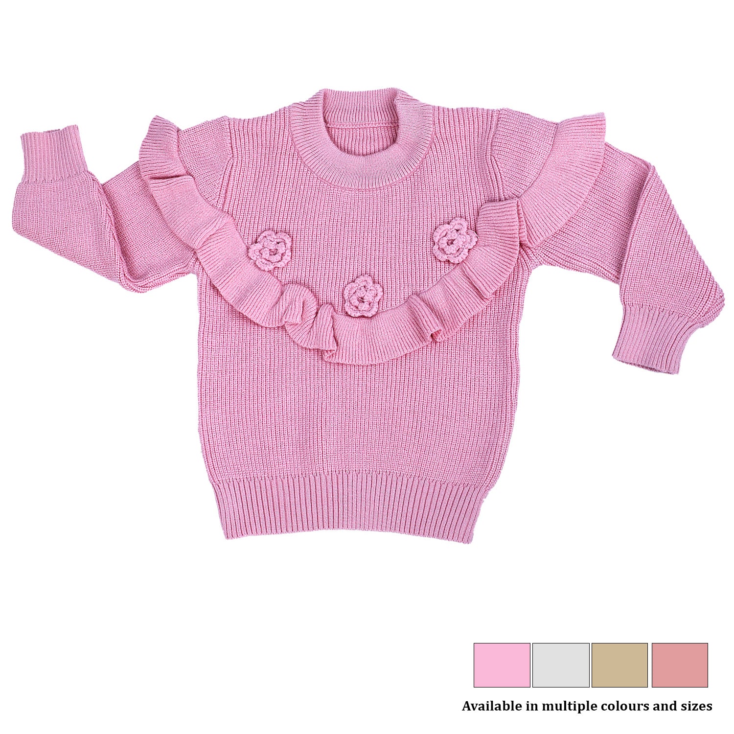 Flowers And Frills Premium Full Sleeves Knitted Sweater - Pink - Baby Moo
