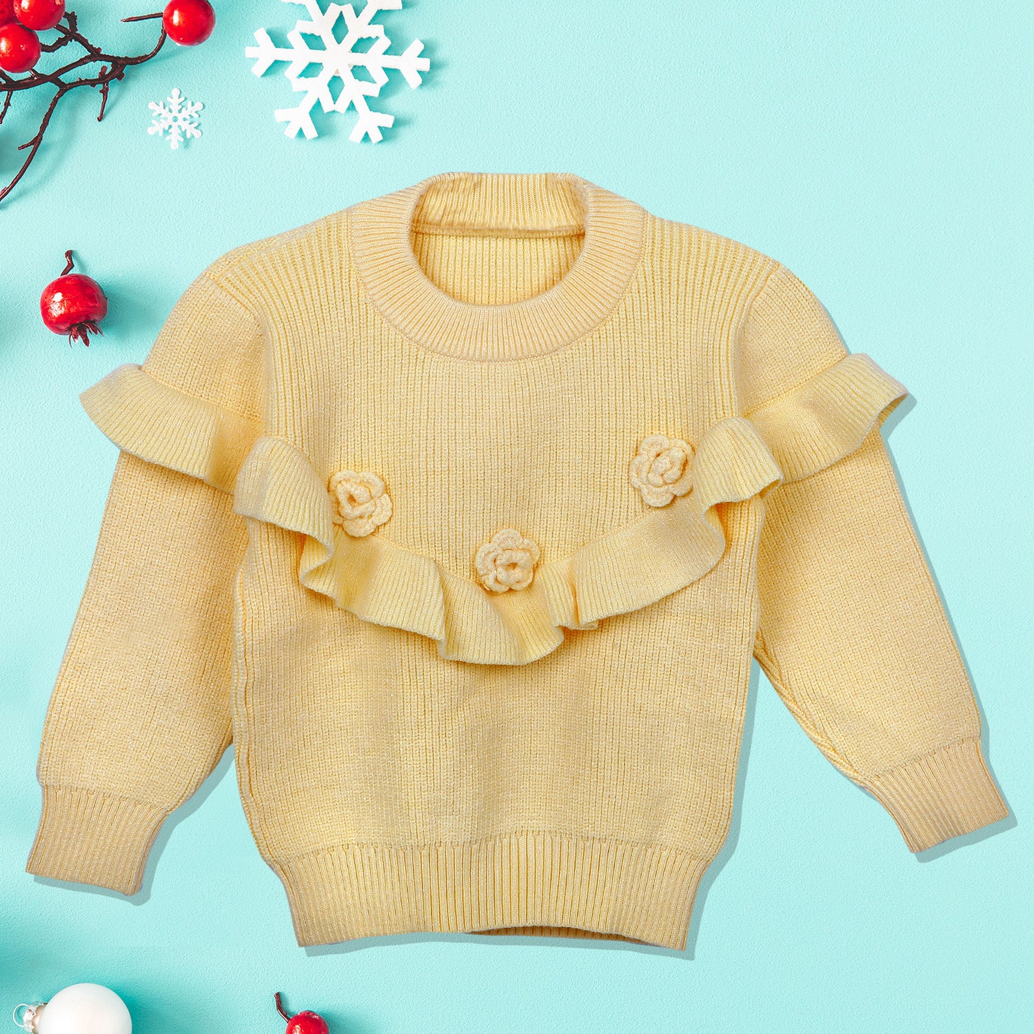 Flowers And Frills Premium Full Sleeves Knitted Sweater - Yellow