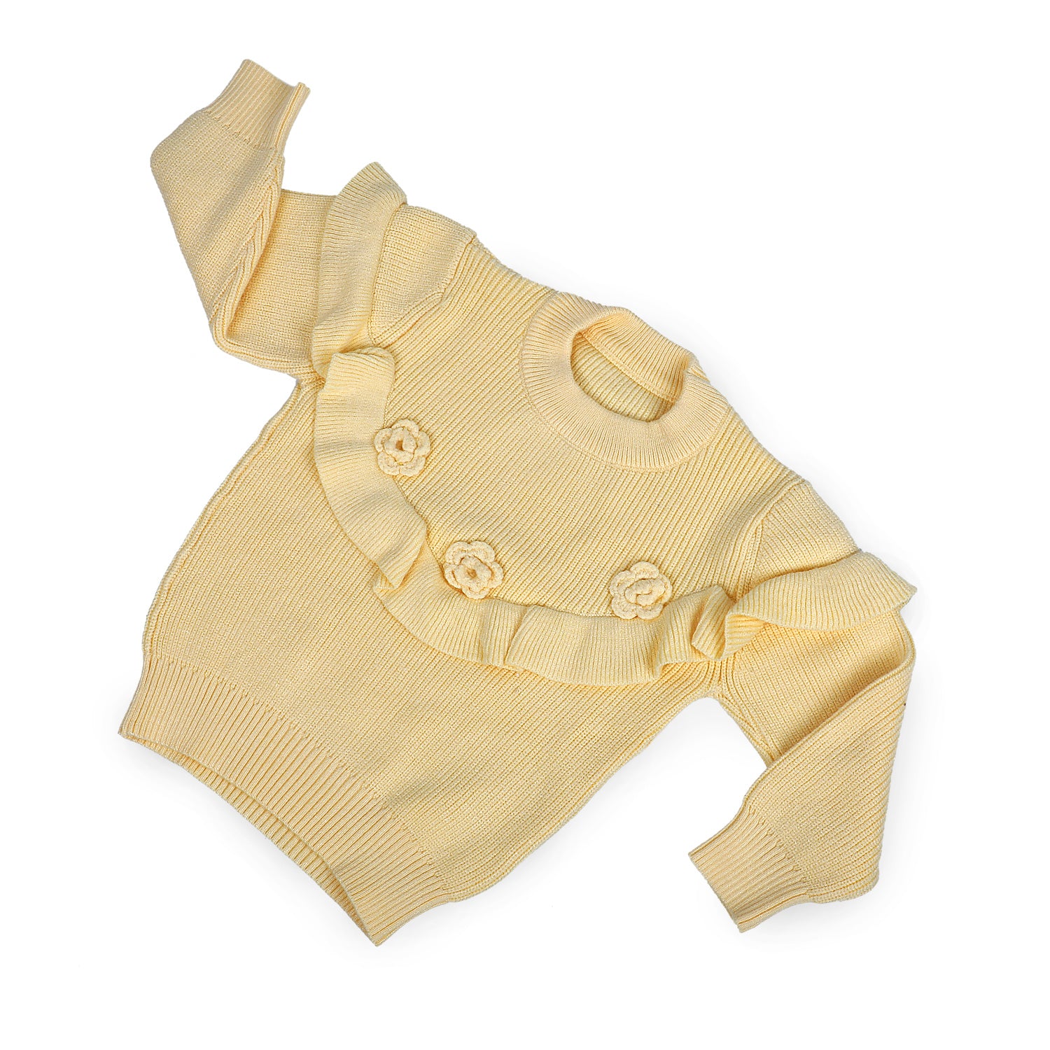 Flowers And Frills Premium Full Sleeves Knitted Sweater - Yellow