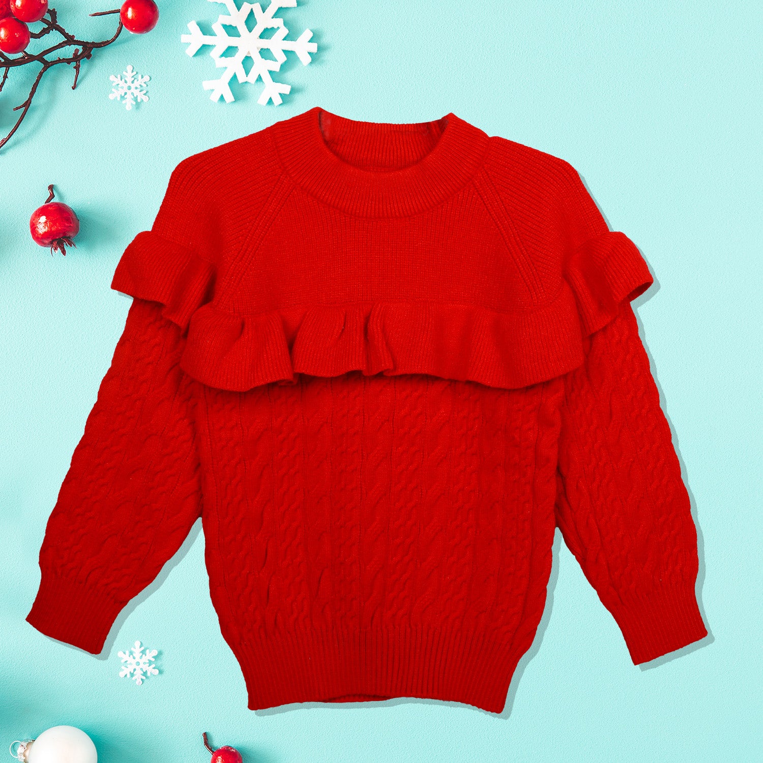 Ruffled Jumper Solid Premium Full Sleeves Braided Knit Sweater - Red - Baby Moo
