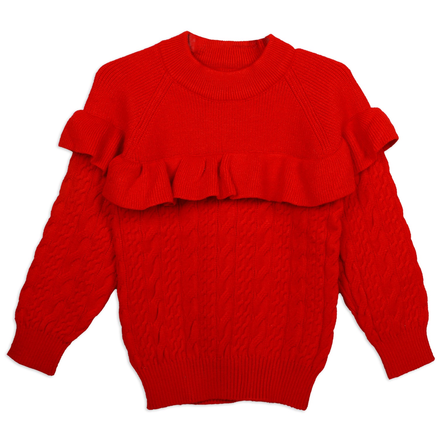 Ruffled Jumper Solid Premium Full Sleeves Braided Knit Sweater - Red