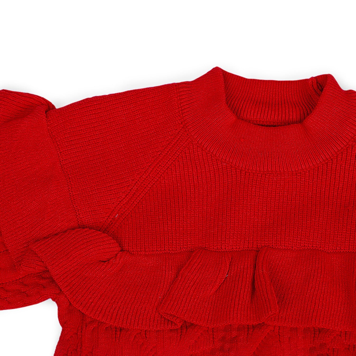 Ruffled Jumper Solid Premium Full Sleeves Braided Knit Sweater - Red
