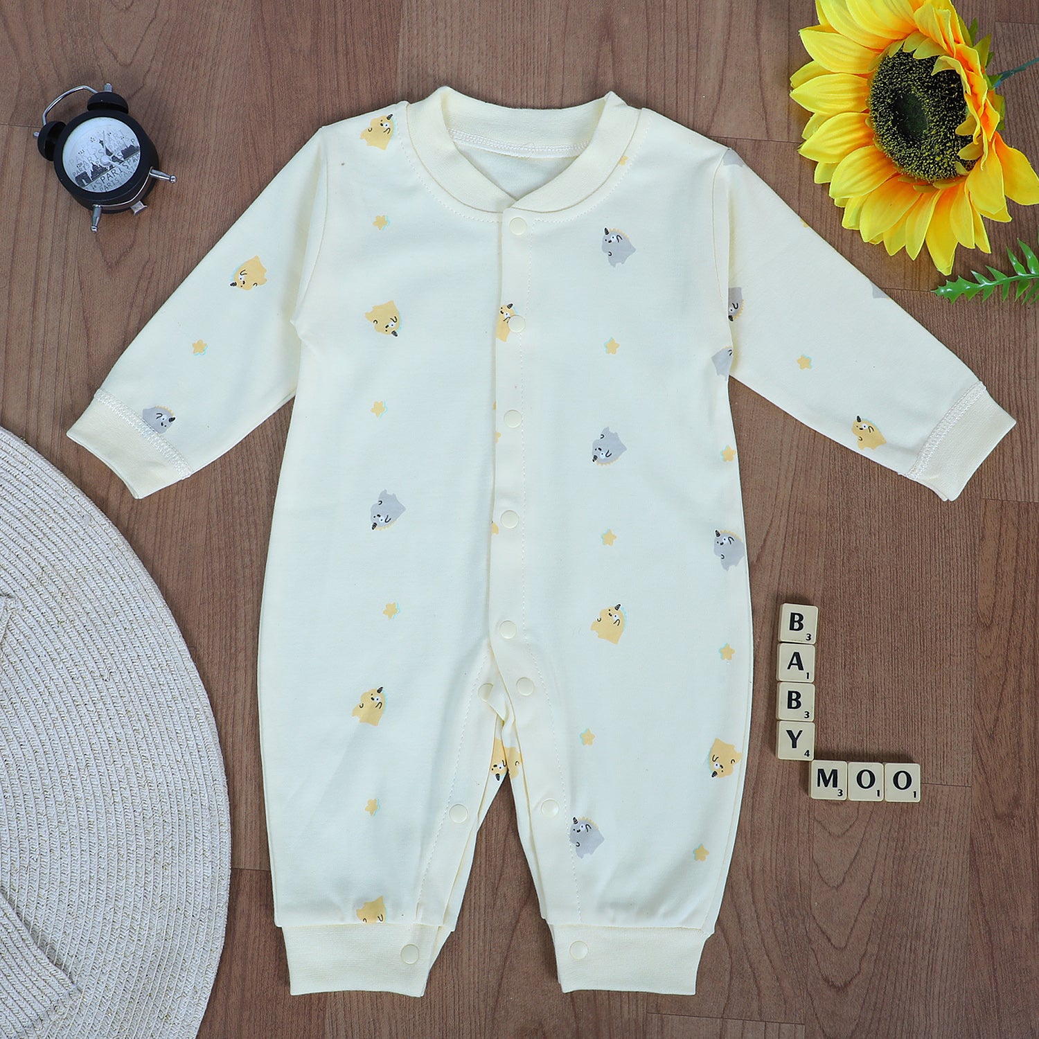 Unicorns And Stars Full Sleeves One-Piece Snap Button Bodysuit - Yellow - Baby Moo