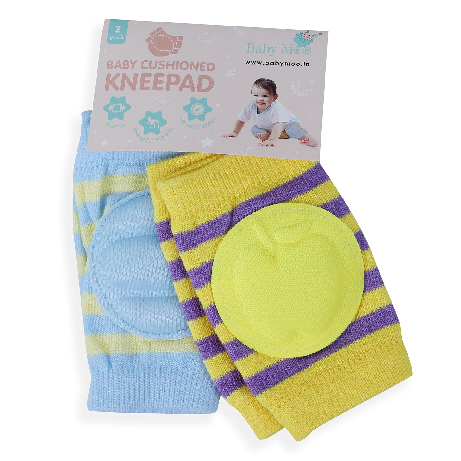 Striped Yellow, Blue 2 Pk Baby Cushioned Kneepad - Baby Moo