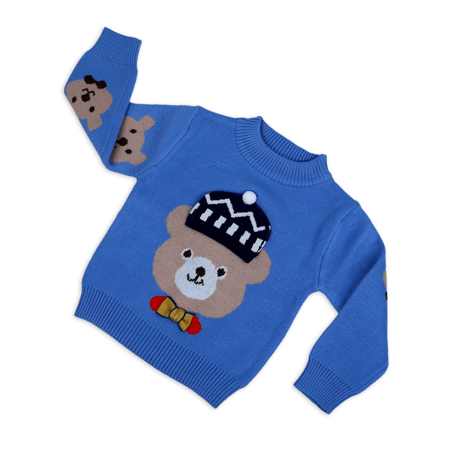 Mr. Bear Premium Full Sleeves Knitted Sweater With 3D Applique - Blue