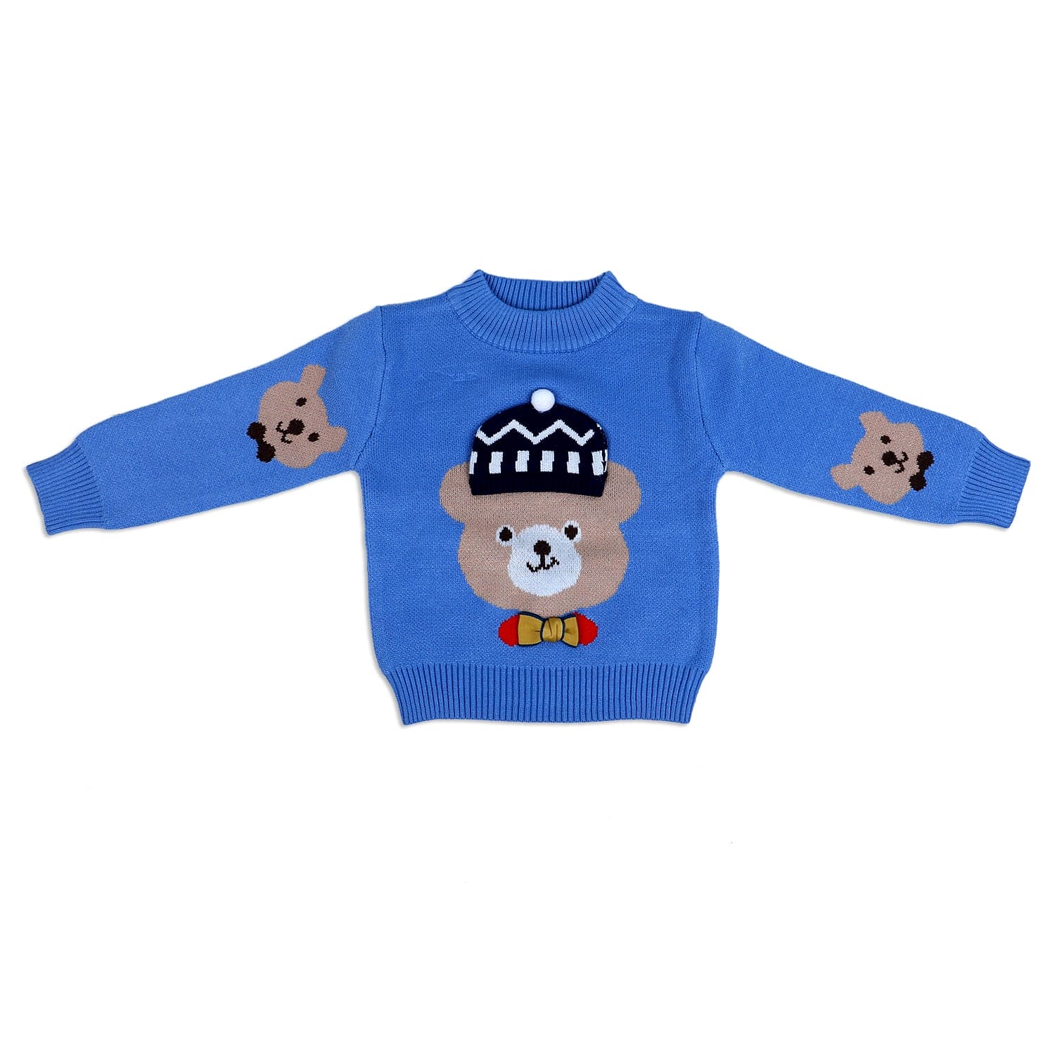 Mr. Bear Premium Full Sleeves Knitted Sweater With 3D Applique - Blue - Baby Moo