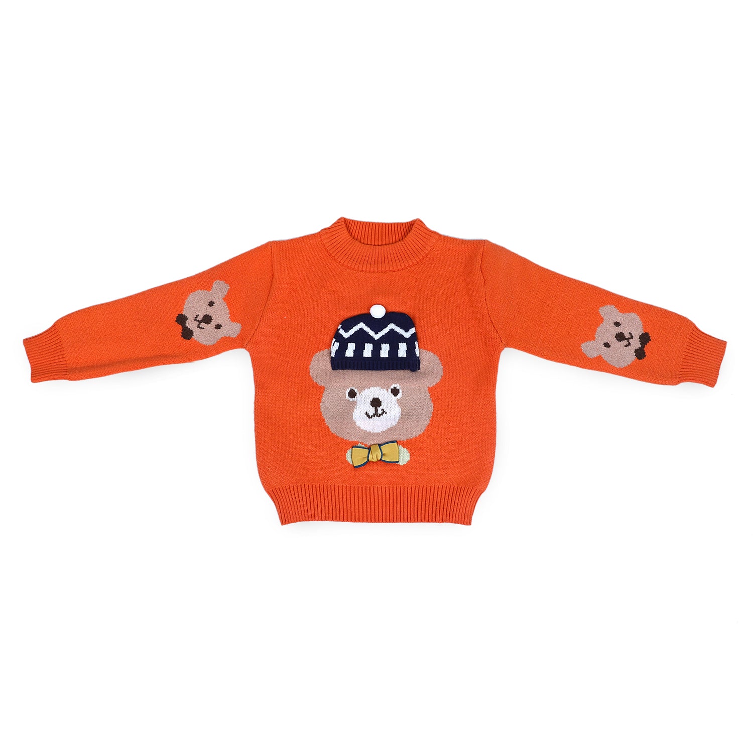 Mr. Bear Premium Full Sleeves Knitted Sweater With 3D Applique - Orange - Baby Moo