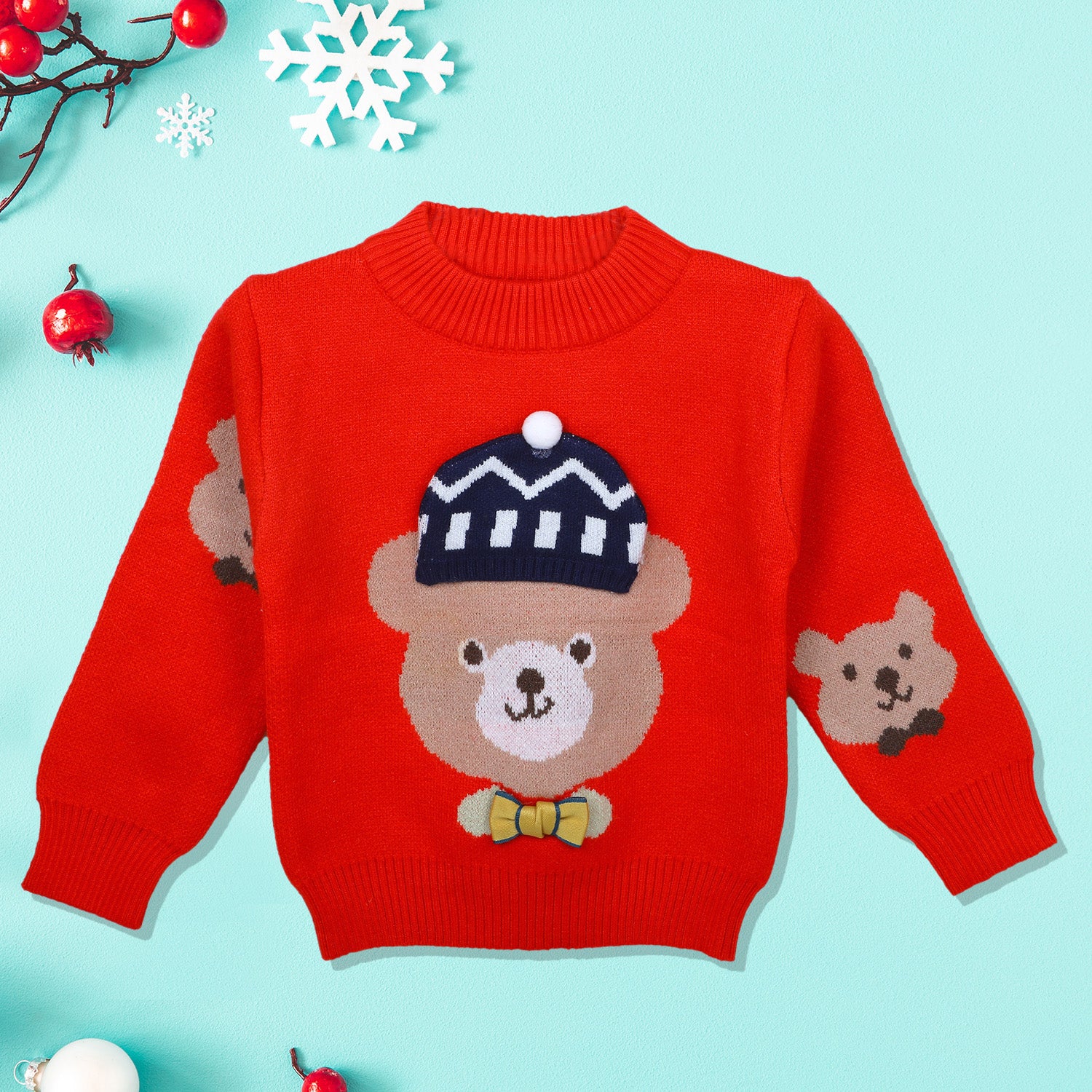 Mr. Bear Premium Full Sleeves Knitted Sweater With 3D Applique - Red - Baby Moo