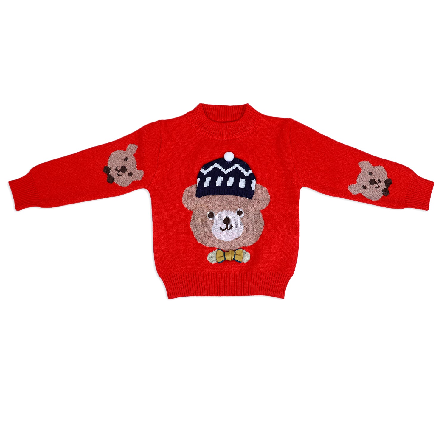 Mr. Bear Premium Full Sleeves Knitted Sweater With 3D Applique - Red - Baby Moo