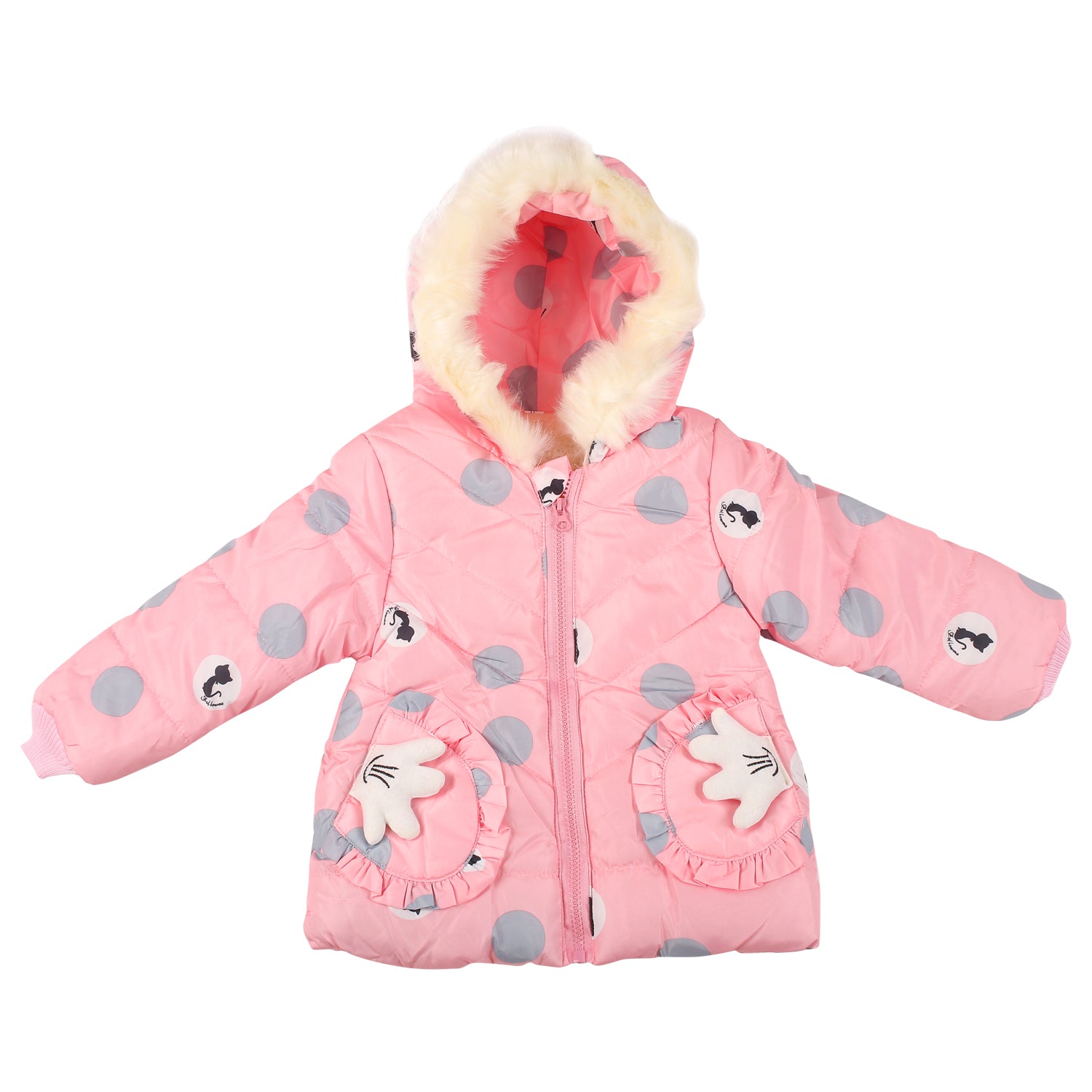 Polka Dotted Pink Hooded Full Sleeve Padded Jacket - Baby Moo
