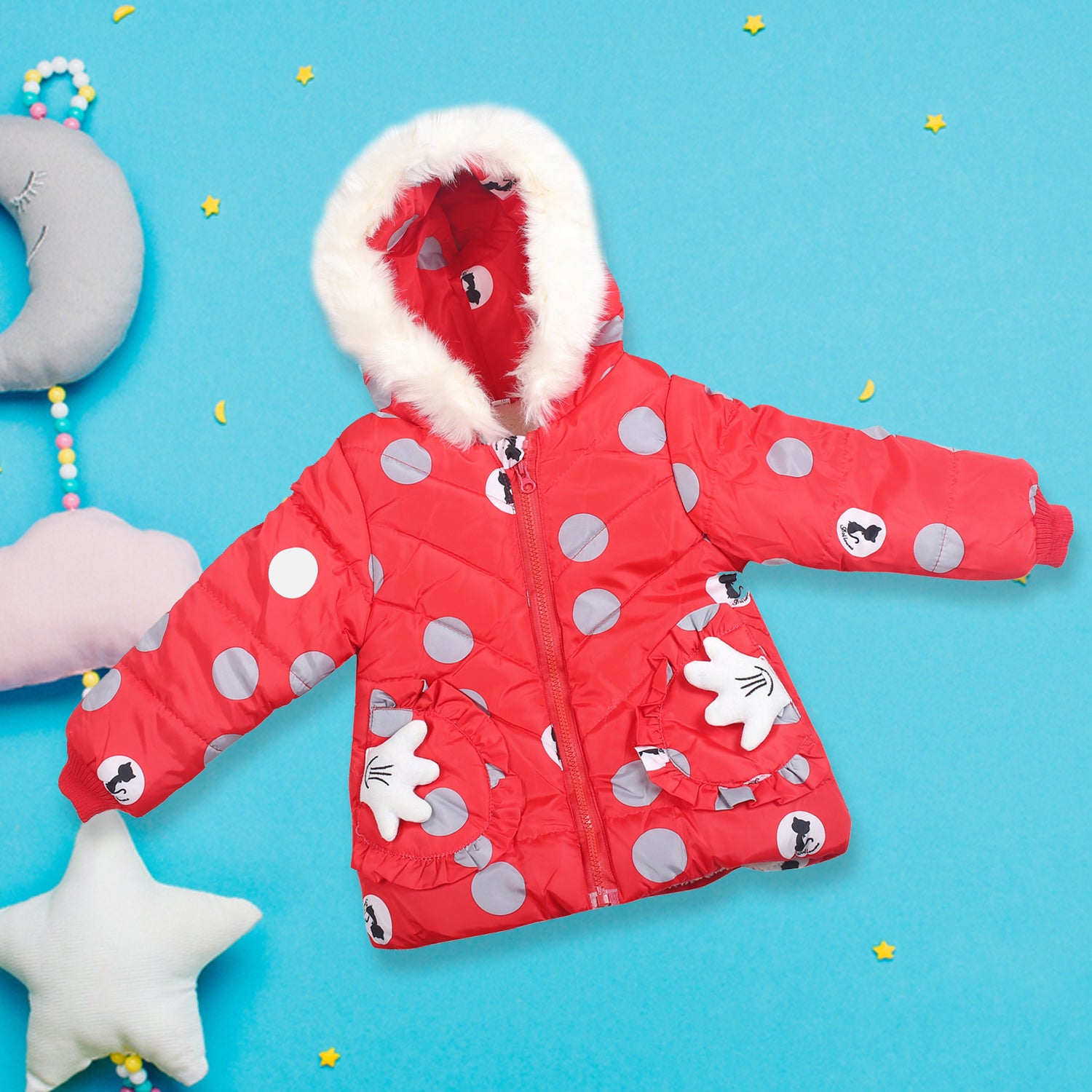Polka Dotted Red Hooded Full Sleeve Padded Jacket