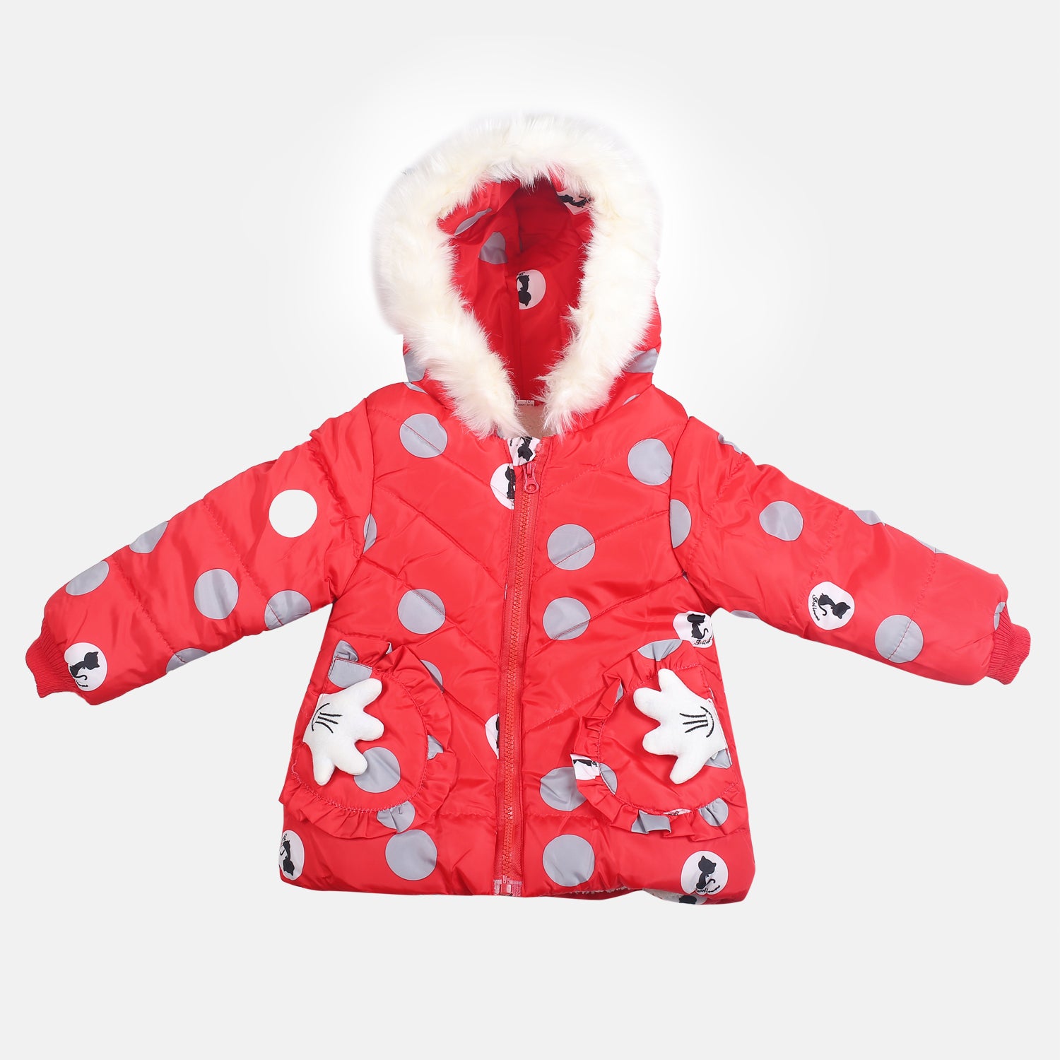 Polka Dotted Red Hooded Full Sleeve Padded Jacket - Baby Moo