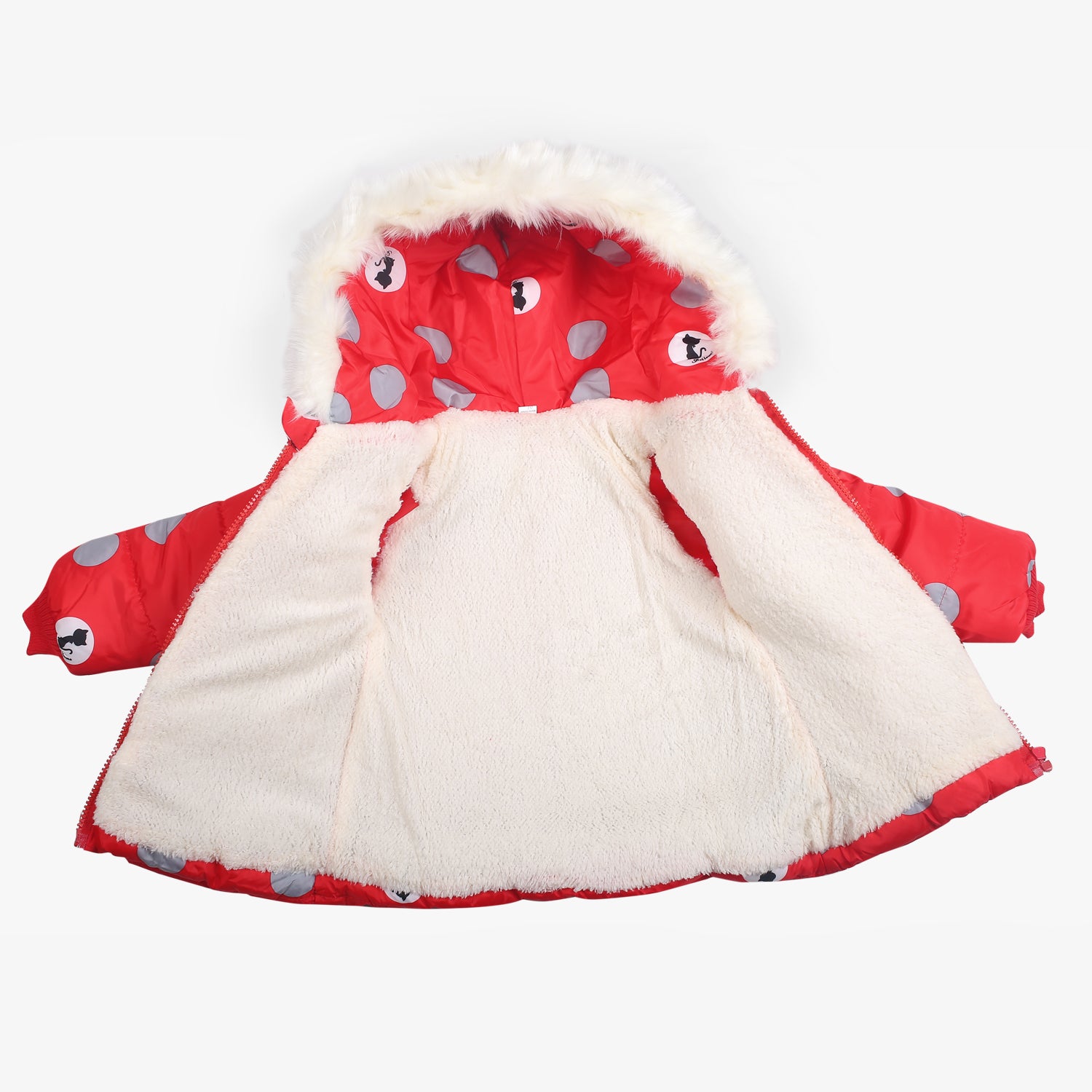 Polka Dotted Red Hooded Full Sleeve Padded Jacket - Baby Moo